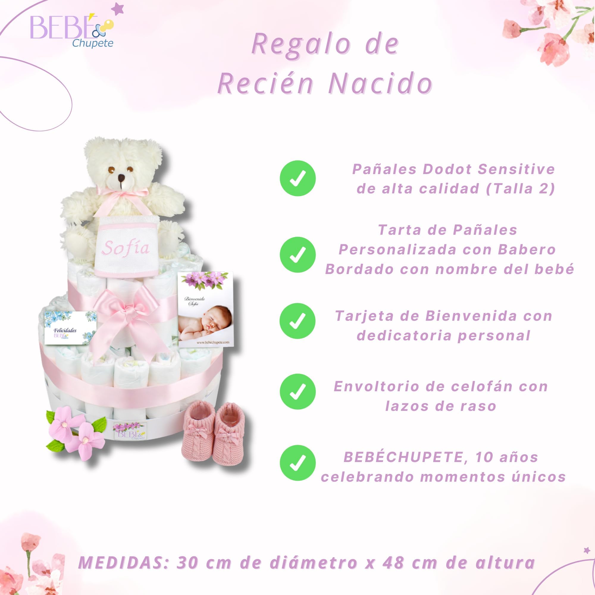 BEBÉCHUPETE Tarta de Pañales DODO T 60 Pañales- Pañales Recién Nacido Sensitive Talla 2 de 4 a 8 kg, Tarta Pañales Bebe con Babero Bordado con Nombre, Regalo Bebe Recien Nacido, Canastilla Bebe (Rosa)