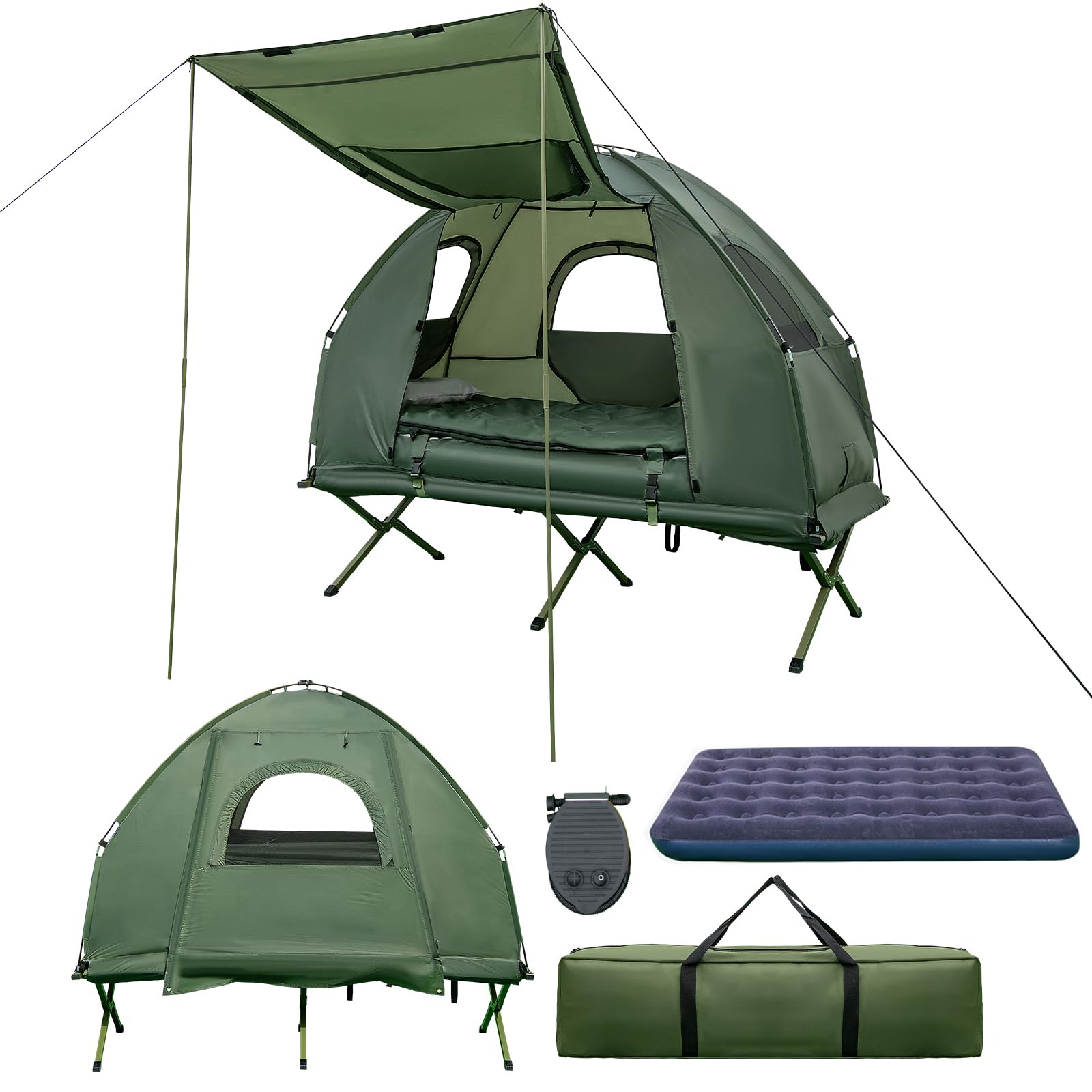 SOARS Feldbett mit Zelt, Campingzelt wetterfest, Campingbett | Campingliege klappbar mit Luftmatratze, Schlafsäcken, Kissen & Rolltasche, Zeltbett für Camping, Picknick, Wandern & Angeln