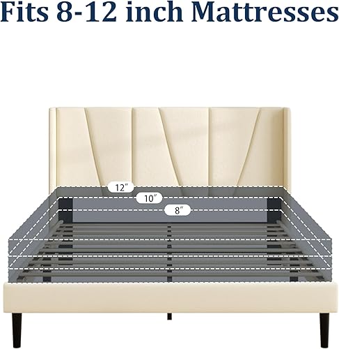 Miniatura 7 de Base de cama tamaño Queen con cabecera, cama tamaño Queen tapizada en terciopelo con plataforma y respaldo, base de colchón con soporte de listones