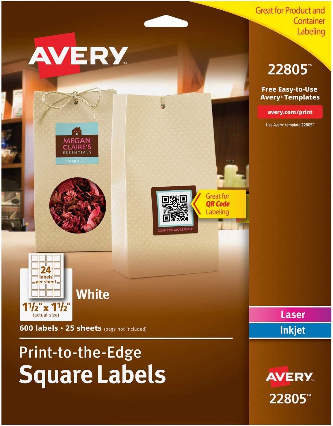 AVERY Square Labels, Laser & Inkjet Printers, Sure Feed, Print-to-The-Edge, 1.5" x 1.5", 600 Labels (22805), White (Pack of 3)