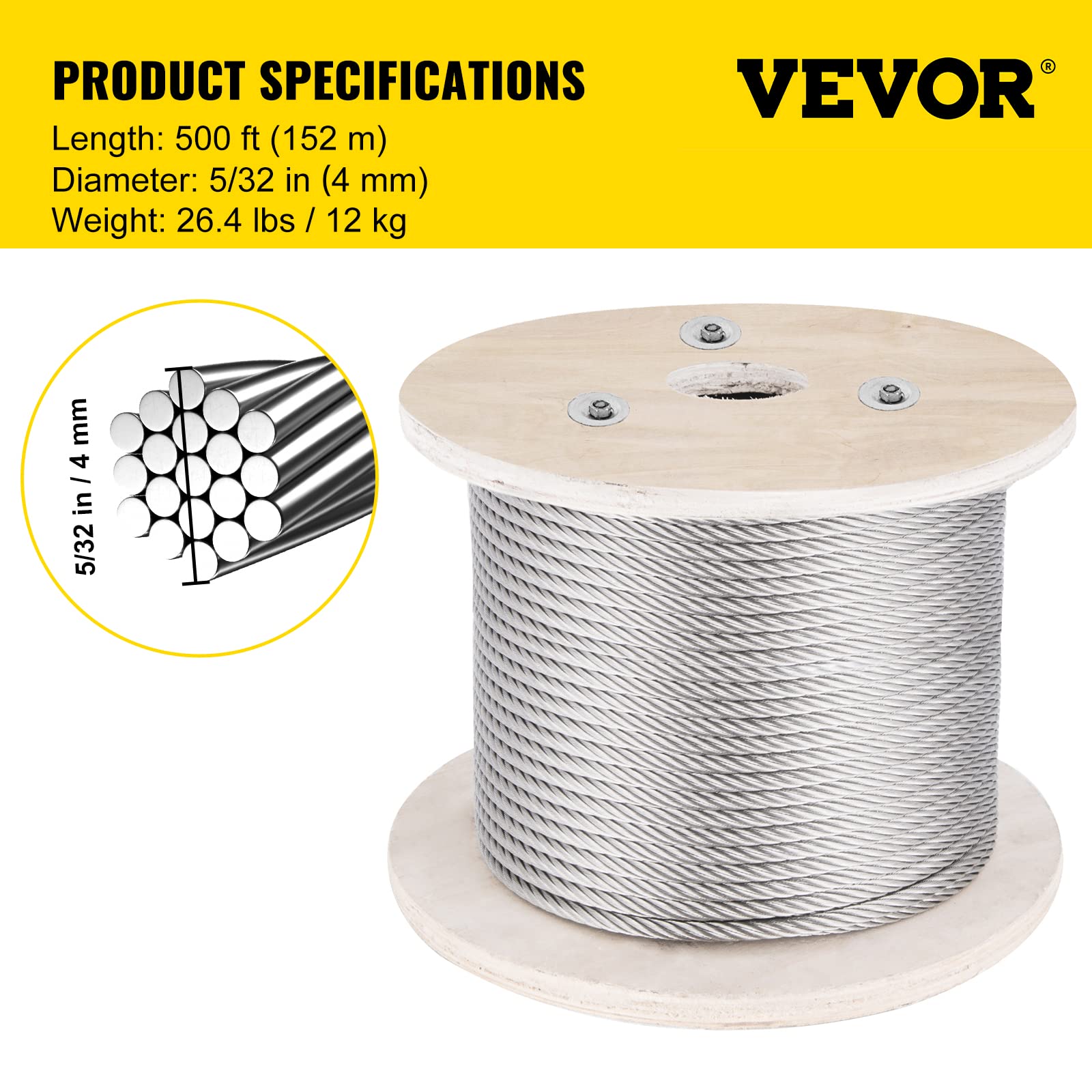 VEVOR Fune metallica in acciaio inox 316, 152 m, fune metallica in acciaio inox diametro 4 mm costruzione 1x19 con carico di rottura 1496 kg per balaustra esterna, terrazza, balaustra fai da te