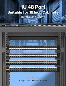 1U48Port Keystone Patch Panel Cat6A Keystone Patch Panel Shielded with Cable(No Cable Tie Required) Management for 19inch Rackmount