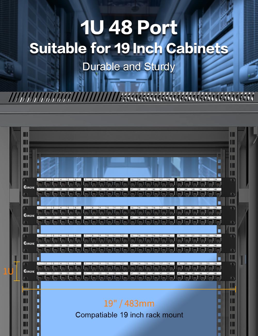 Pannello patch 1U a 48 porte Cat6 Keystone Patch Panel di rete UTP con cavo intelligente (nessuna fascetta necessaria) gestione per montaggio a rack da 19"
