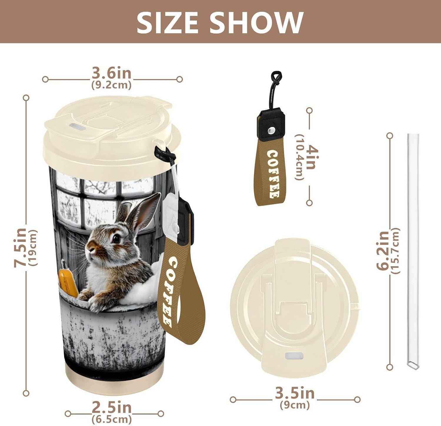Insulated Coffee Mug Rabbit Bathtub Cute with Straw & Flip Lid, 16.9oz Iced Tumbler Cup, Double Wall Vacuum Mug for Travel Office Camping
