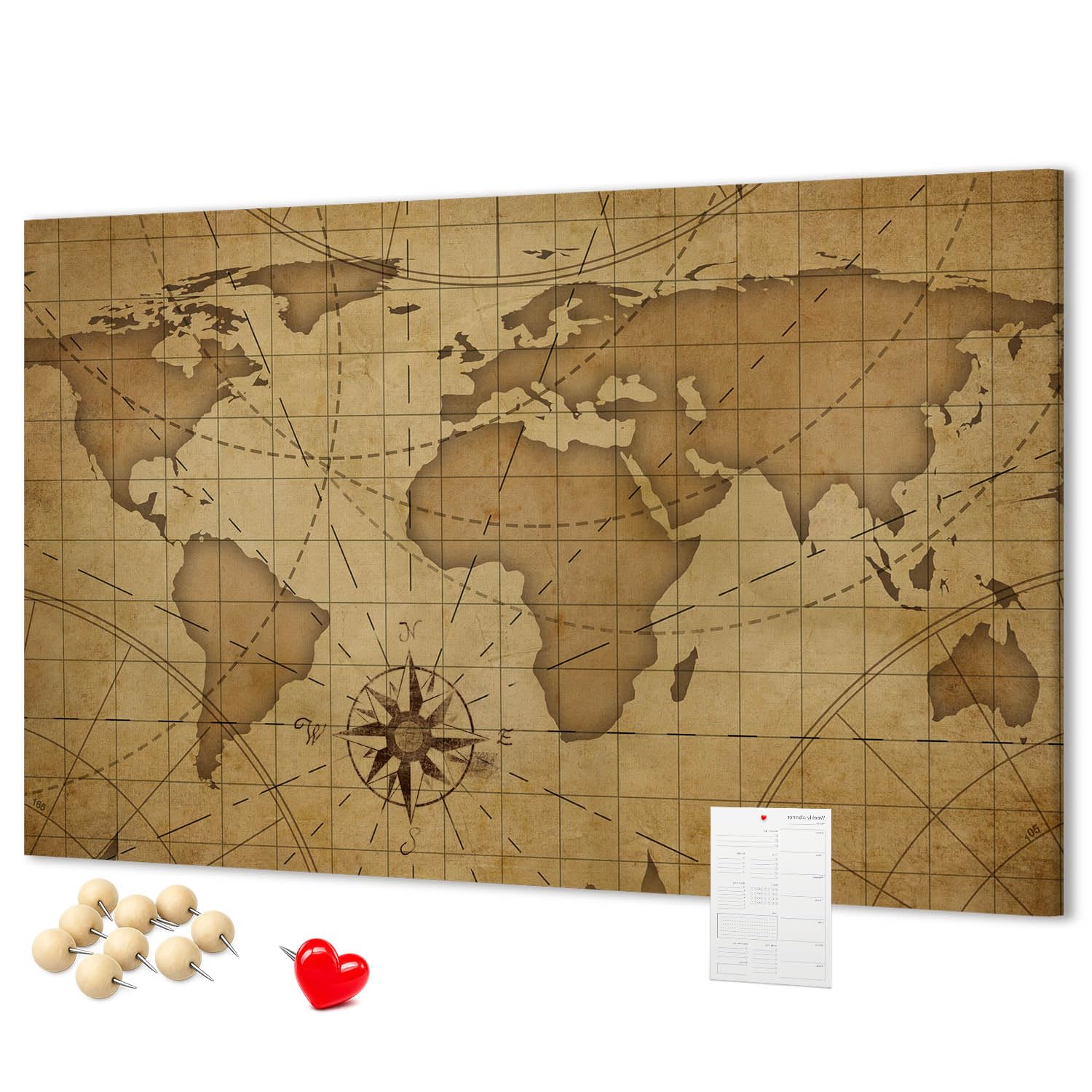 Pizarra de corcho para pared 140x100 cm | Mapa del mundo antiguo