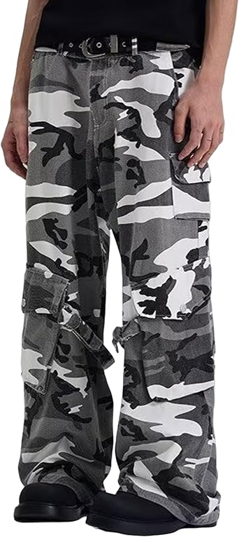 Mens Camo Cargo Pants Tactical Baggy Pants Y2k Emo Camouflage Pants Straight Leg Grunge Cargo Pants