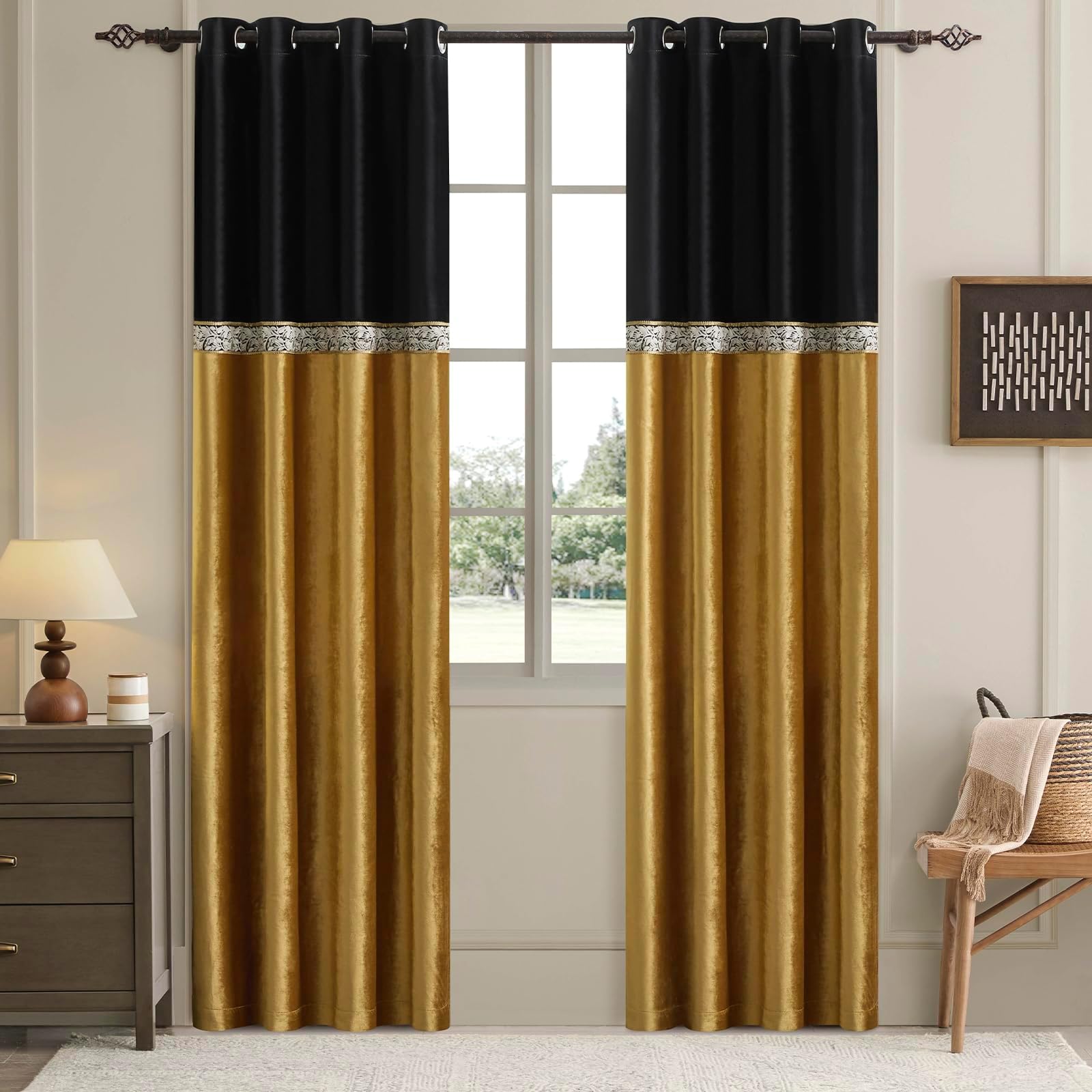 GIGIZAZA Black Gold Velvet Curtains: 2 Panels for Living Room 46 x 72 Inches Elegant Soft Eyelet Blackout Curtains - Bedroom Window Drapes Thermal Insulation Embroidered Curtains