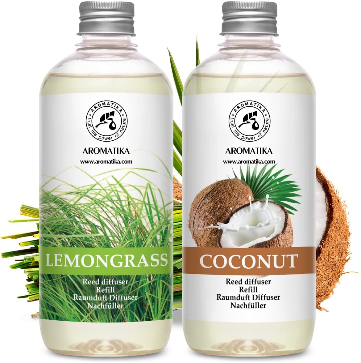 Lemongrass Reed Diffuser Refill & Reed Diffuser Refill Coconut - 2 x 17 Fl Oz - Fresh & Long Lasting Fragrance - Reed Diffuser Oil Refill for Aromatherapy - Home - Office - Restaurant