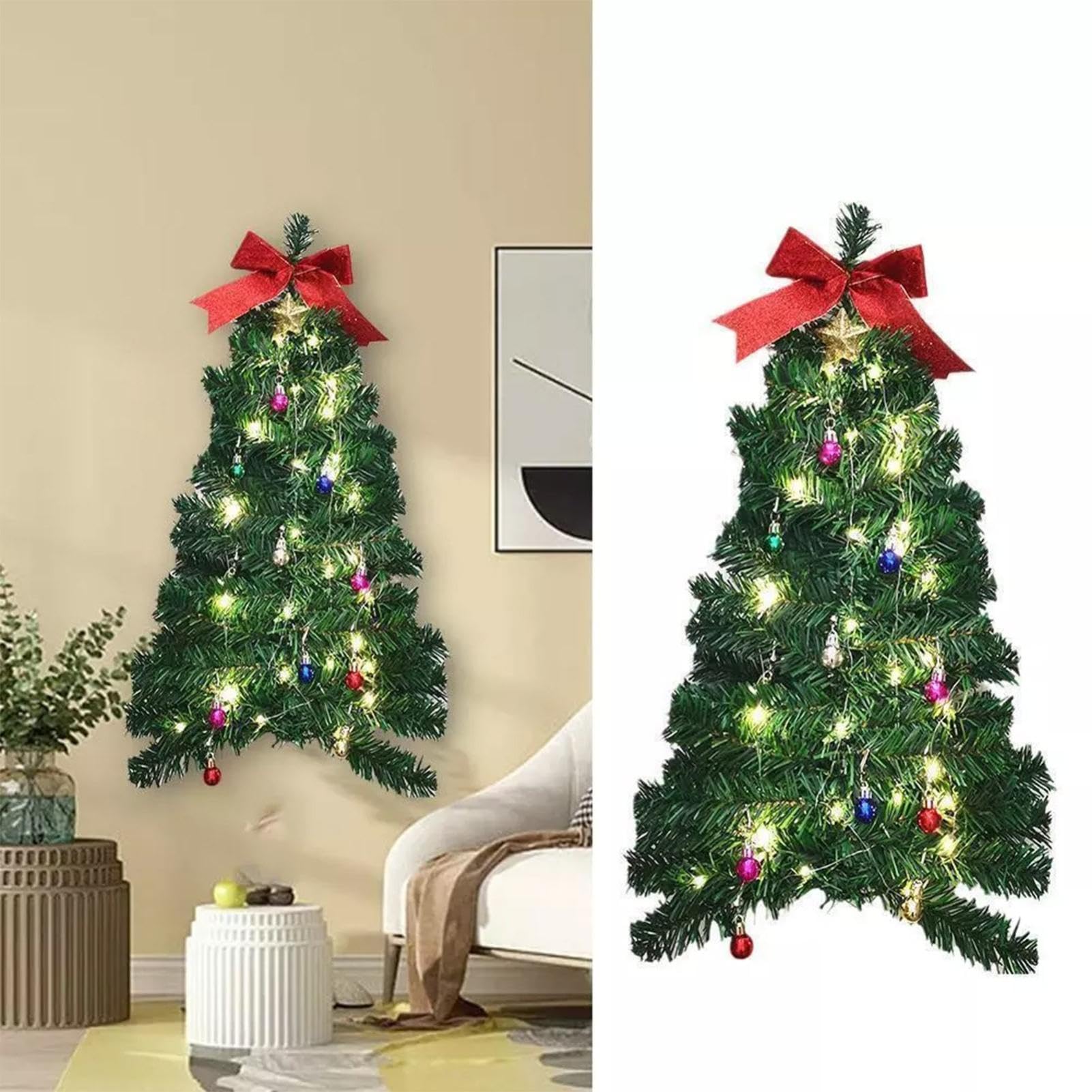 Wall Christmas Tree, Artificial Christmas Wall Mounted Tree with LED Lights and Battery Case, Easy to Install Lighted Hanging Xmas Trees Decoration
