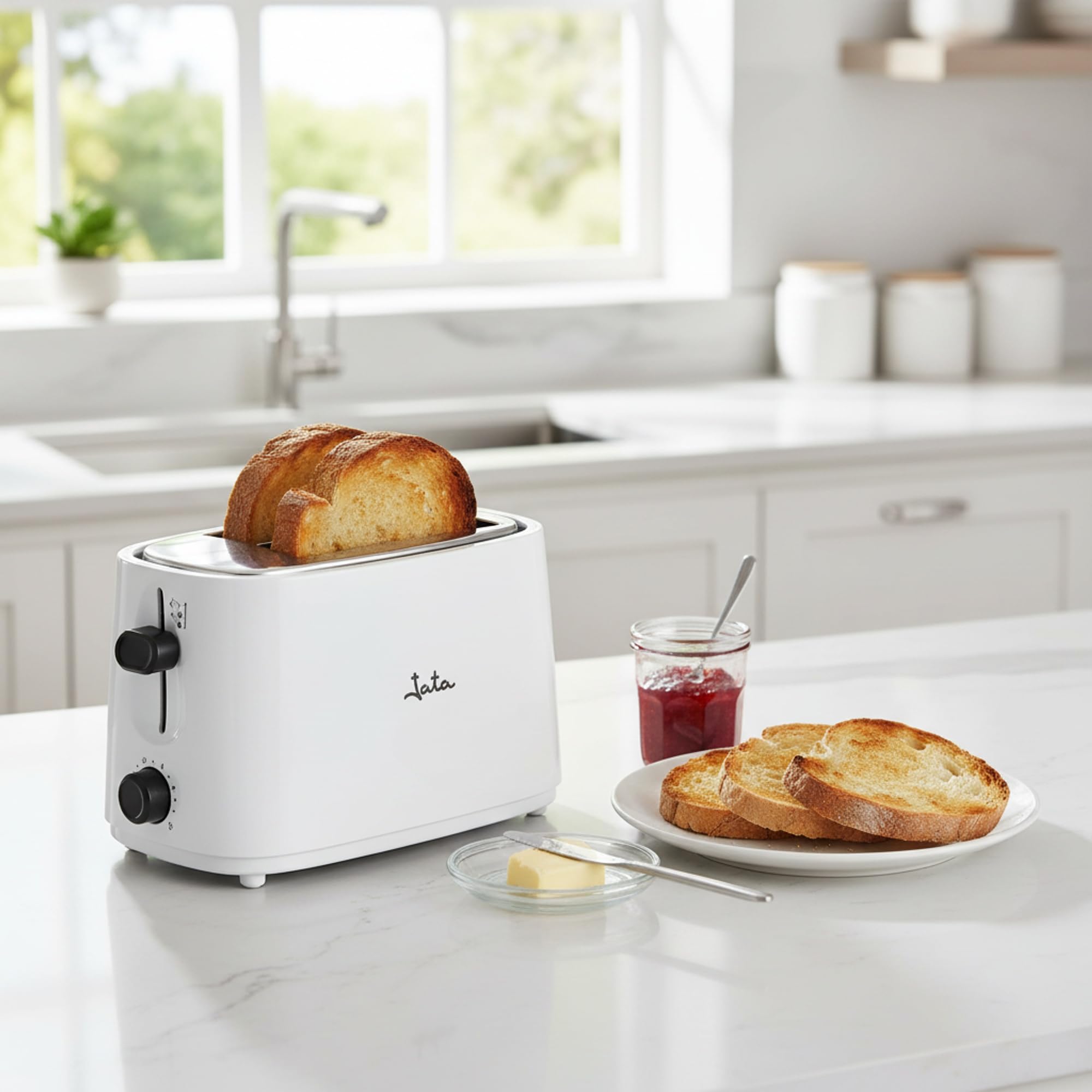 Jata TT331 Tostadora con Tapa, Dos Ranuras Extra Anchas, Con selector electrónico de tostado, 6 posiciones, Cuerpo toque frío, Bandeja recogemigas, Centrado automático del pan, 750 W, Blanco