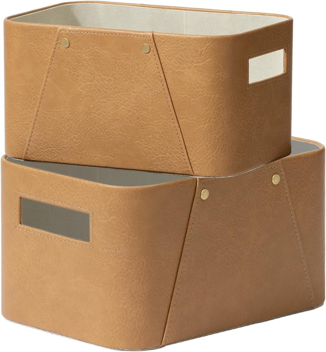 La Jolie Maison Storage Baskets for Organizing, 2 Pack, Storage Cube Boxes Luxury Brown Vegan Leather for Closet Shelf Cabinet Bookcase Camel