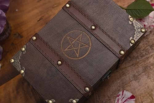 Miniatura 6 de Cofre de madera y cuero de 8.3 pulgadas con forro de terciopelo, caja de madera de pentáculo con grabado de pentagrama, suministros Wiccan de