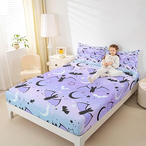 Miniatura 6 de Juego de funda de edredón de Halloween, sábana bajera ajustable de arcoíris para niños y niños, diseño de murciélago, luna y estrella, juego de