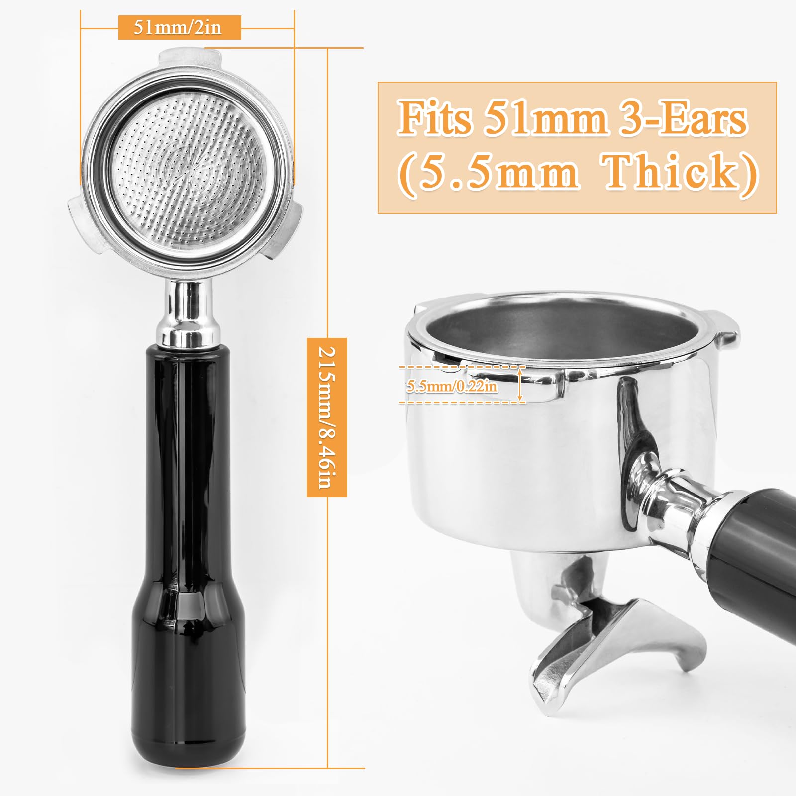 Porte-filtre 51mm 3 Oreilles à Double Bec en Acier Inoxydable - Compatible Delonghi Dedica EC685 EC680 EC785 - Poignée ABS Ergonomique - Noir