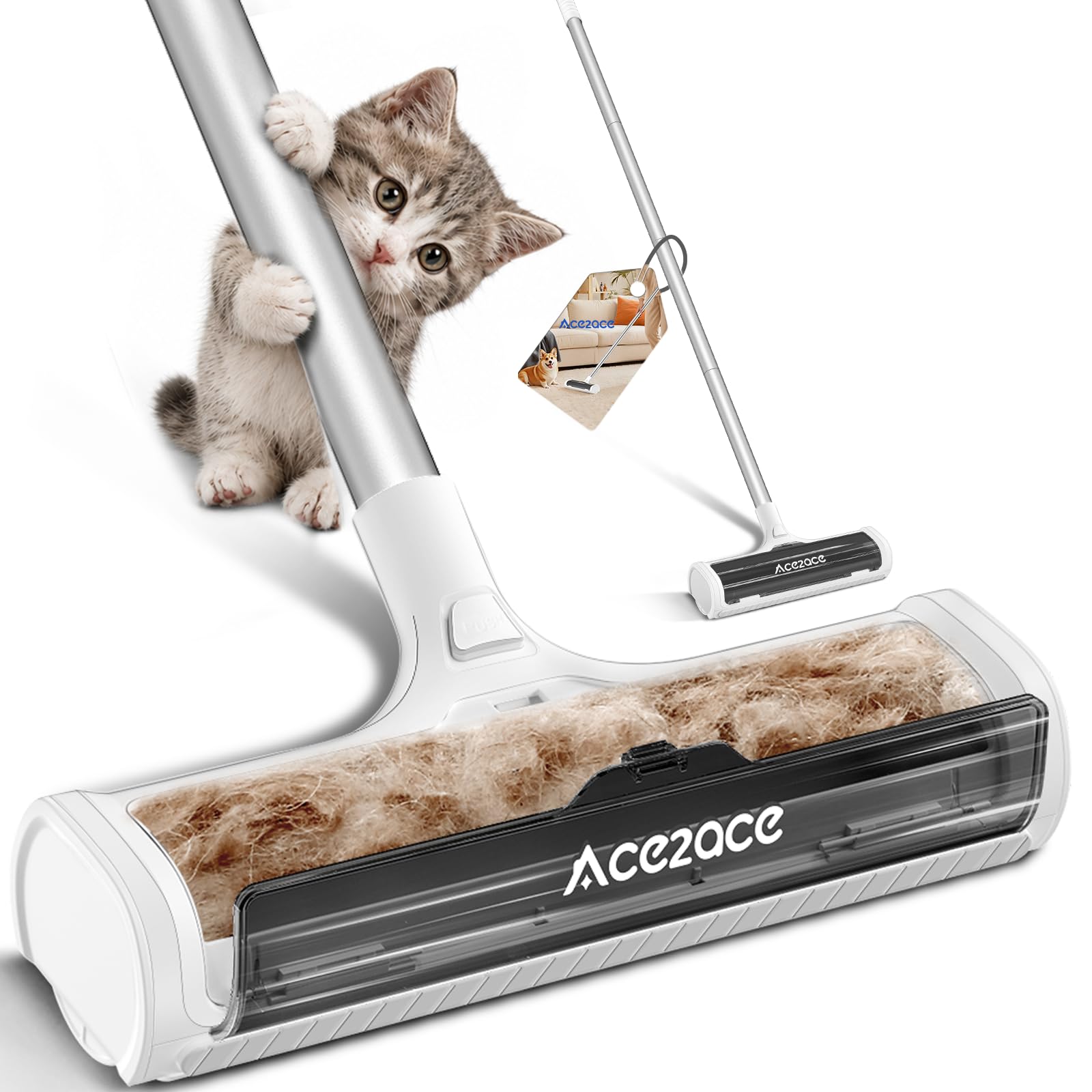 ACE2ACE Rouleau de tapis pour poils d'animaux, brosse pour poils d'animaux, tapis pour poils de chien et de chat, pas de penchement, pas de genoux, poignée longue de 1,5 m, obsidienne
