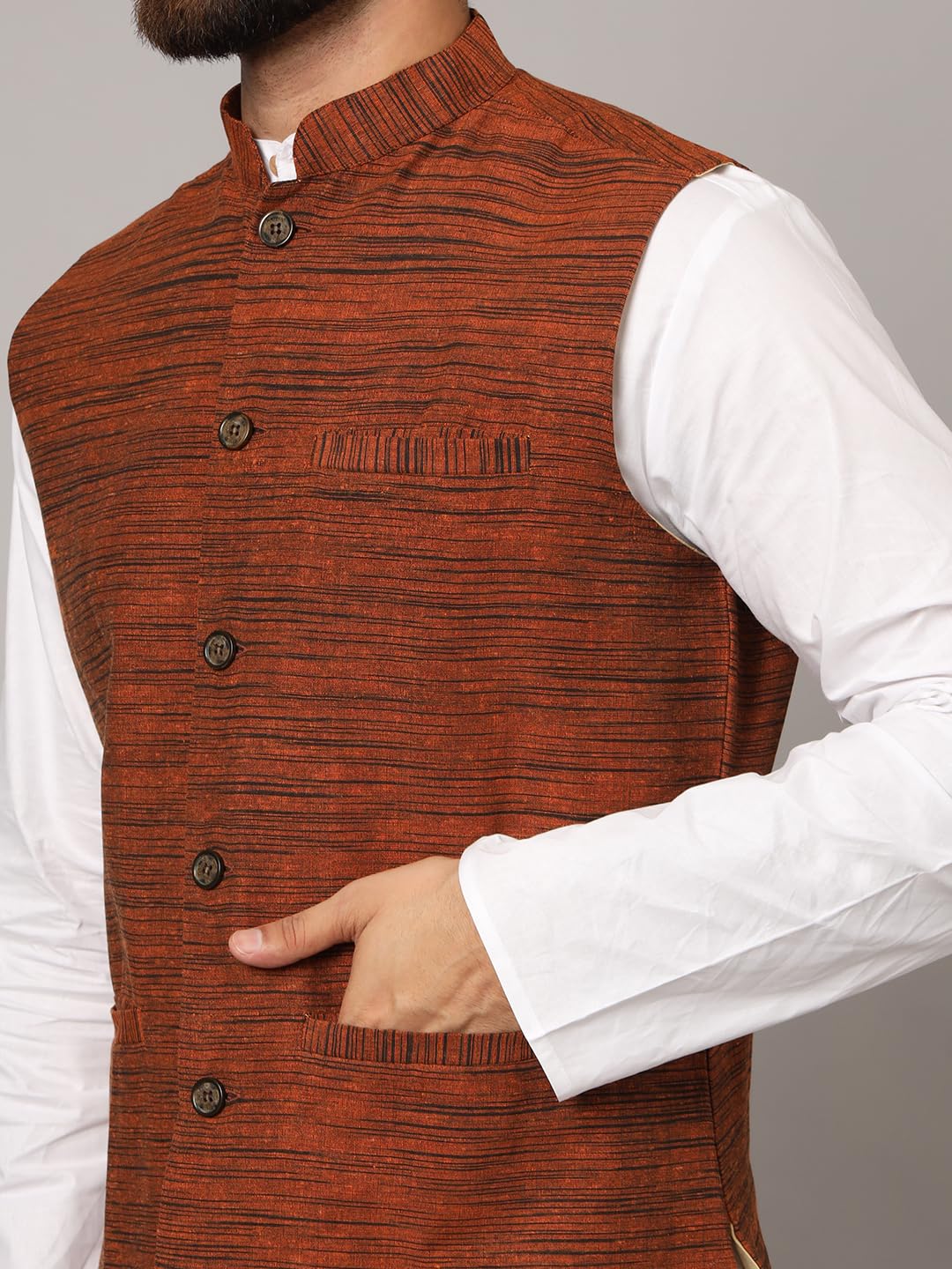 LATEST CHIKAN Men's Nehru Jacket/Waistcoat Sophisticated Ethnic Wear - SADRI-DK-BR-40 - Image 6 thumbnail