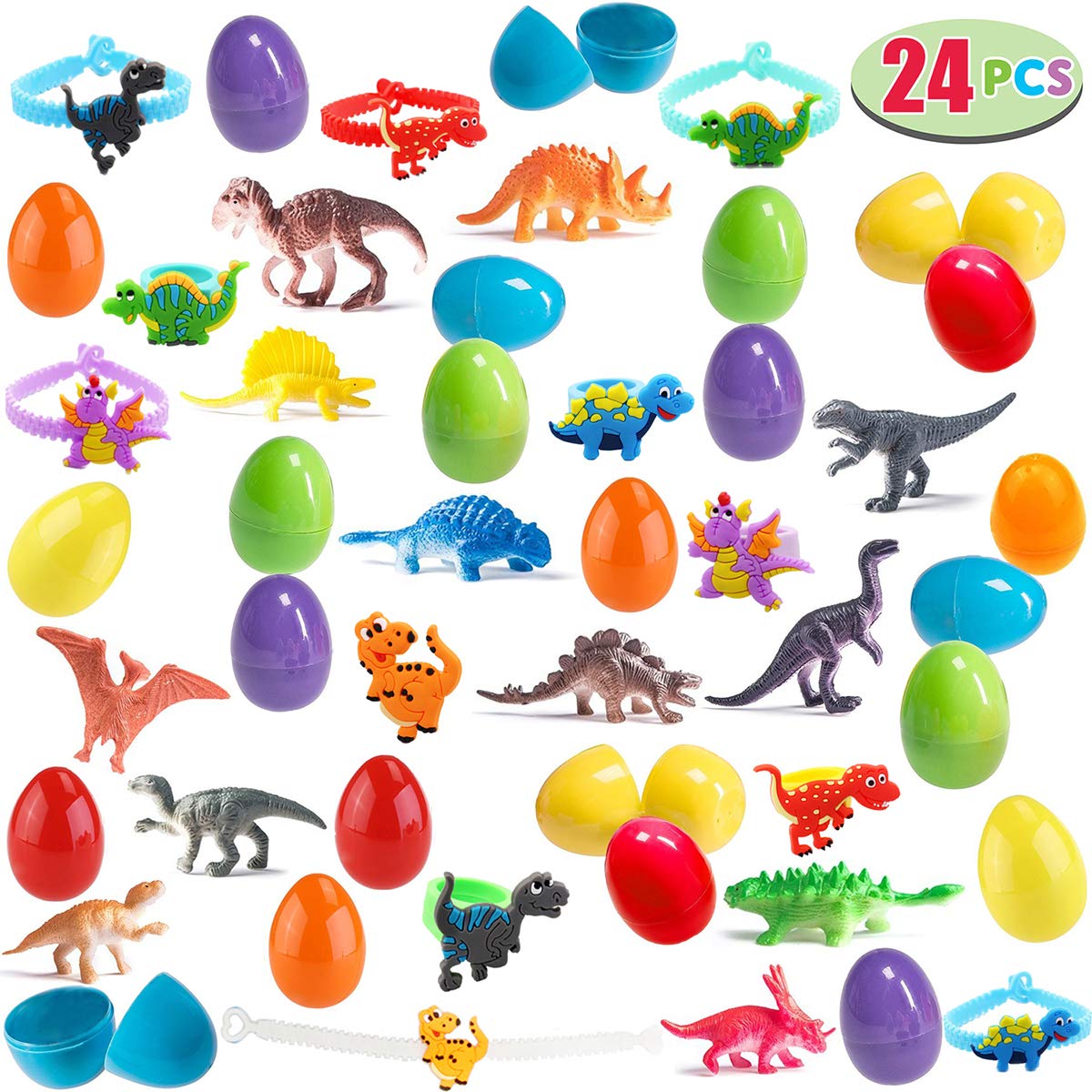 24Pcs Easter Eggs with Prefilled Dinosaur Figures Toys Dinosaur Rings/Bracelets, Egg Surprise Toys Basket Stuffers Easter Party Favors for Kids