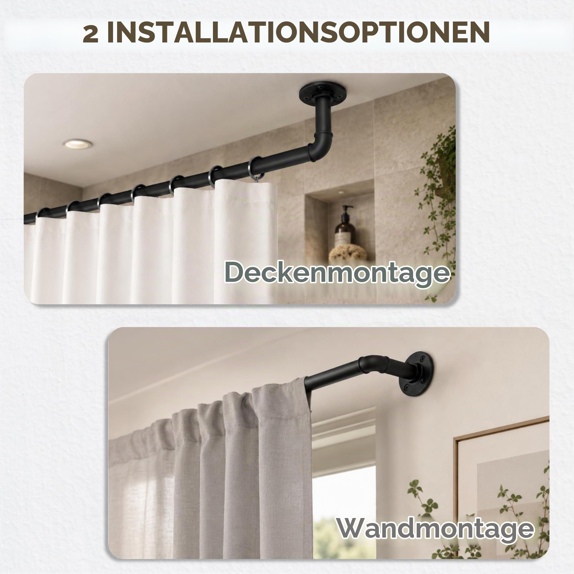Gardinenstange Schwarz Ausziehbar 195-435cm, Industrial Vorhangstange, Industriell Gardinenschiene Deckenmontage, Curtain Rod für Schlafzimmer φ25mm
