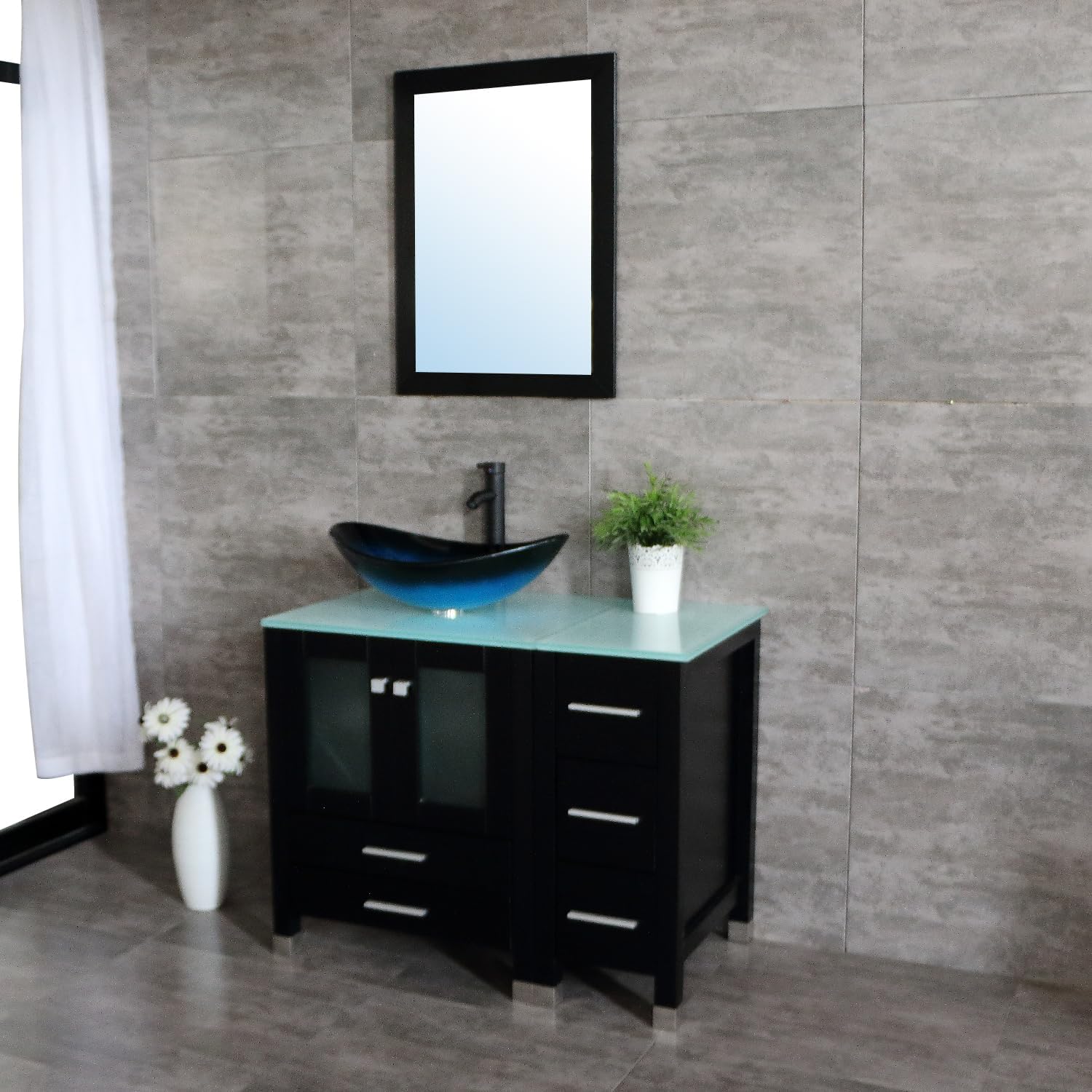 36" Wood Bathroom Vanity Set with Mirror - Modern Combo with Tempered Glass Vessel Sink, Free Faucet & Drain, Durable MDF Cabinet with Soft-Close Storage