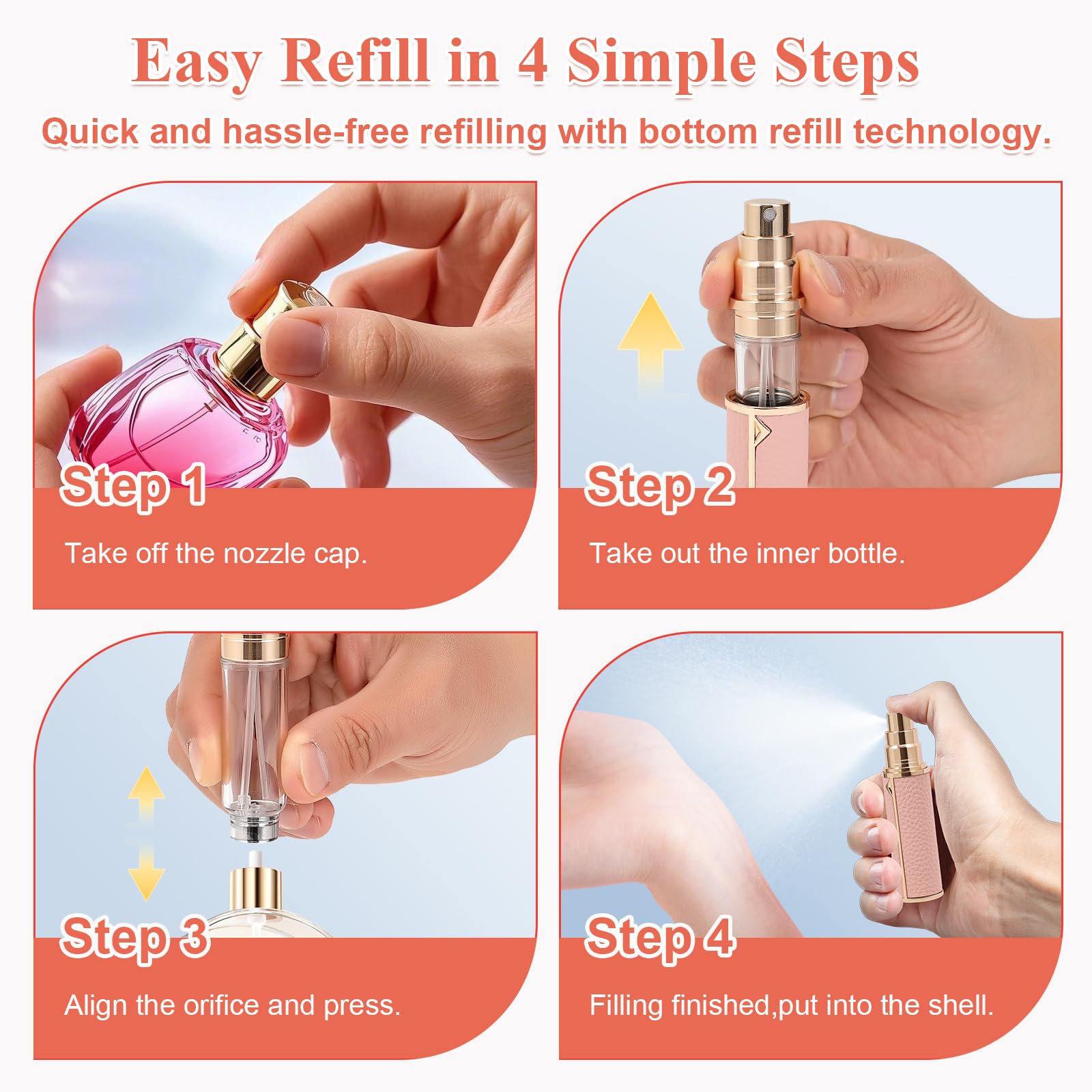 Bottiglia di profumo da viaggio ricaricabile, nebulizzatore fine, riempimento inferiore, guscio in vera pelle, approvato TSA, per rinfrescarsi e viaggi quotidiani (rosso, 10 ml)
