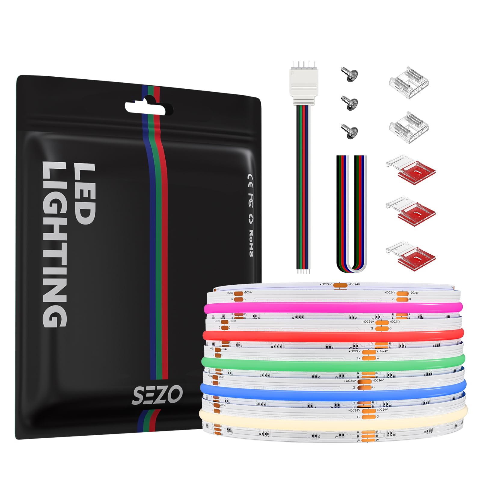 SEZO COB RGBW LED Strip Light RGB+Natural White 4000K 16.4FT 896LEDs/m DC24V 12mm Width Flexible High Density Uniform Color Changing FCOB RGBNW LED Strips Tape for Bedroom Kitchen Home DIY Deco