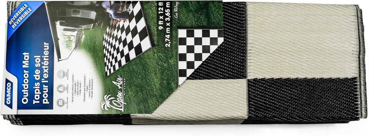 Camco Large Reversible Outdoor Patio Mat - Easy to Clean, Perfect for Picnics, Cookouts, Camping, and The Beach (9' x 12', B/W Checkered Design) (42827)