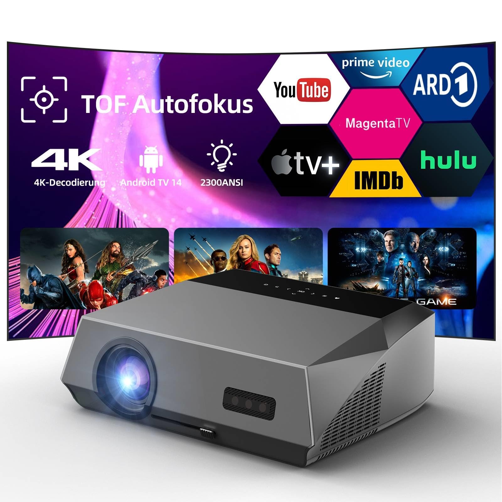 Smart Beamer 4K Google TV Wlan Bluetooth, mit Dolby Audio, HDMI ARC 2.1, 2300ANSI, HDR10, MEMC, Ultra HD LED Tageslicht Projektor Heimkino Gaming Indoor Decke,Android Projector Wifi Zoom Autofokus USB