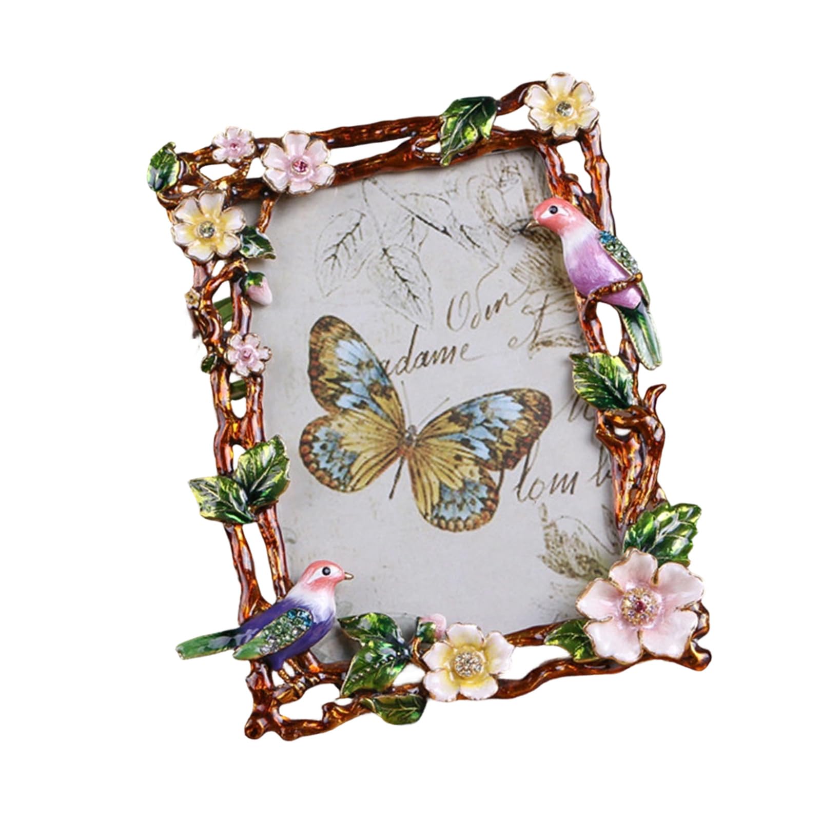 Limtula Antique Metal Picture Frame with Rhinestones Accent and Floral Bird Enameled Design Decorative Gallery Art Photo Display Romantics Photo Frame