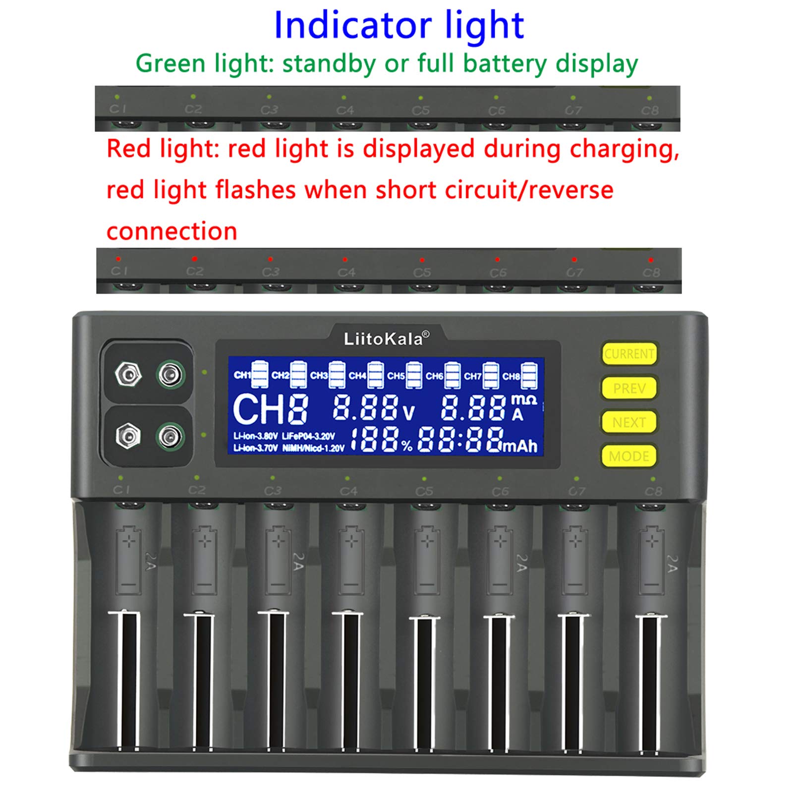 docooler LiitoKala LII-S8 Caricabatteria Li-Ion 3.7V NiMH 1.2V Li-FePO4 3.2V IMR 3.8V Caricatore per 18650 26650 21700 26700 AA AAA