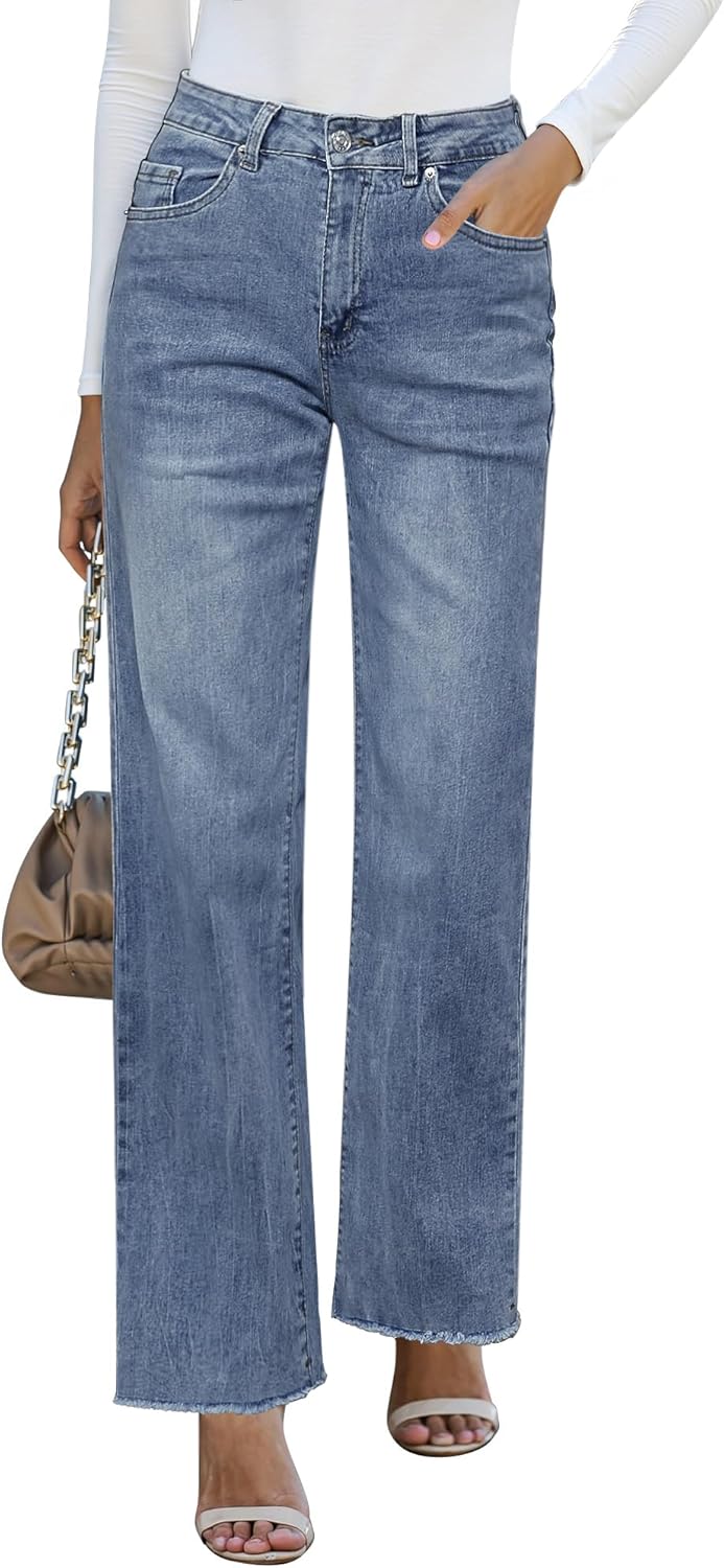 GRAPENT Straight Leg Jeans for Women High Waisted Stretchy Frayed Raw Hem Loose Denim Pants Casual Baggy Jean Trousers