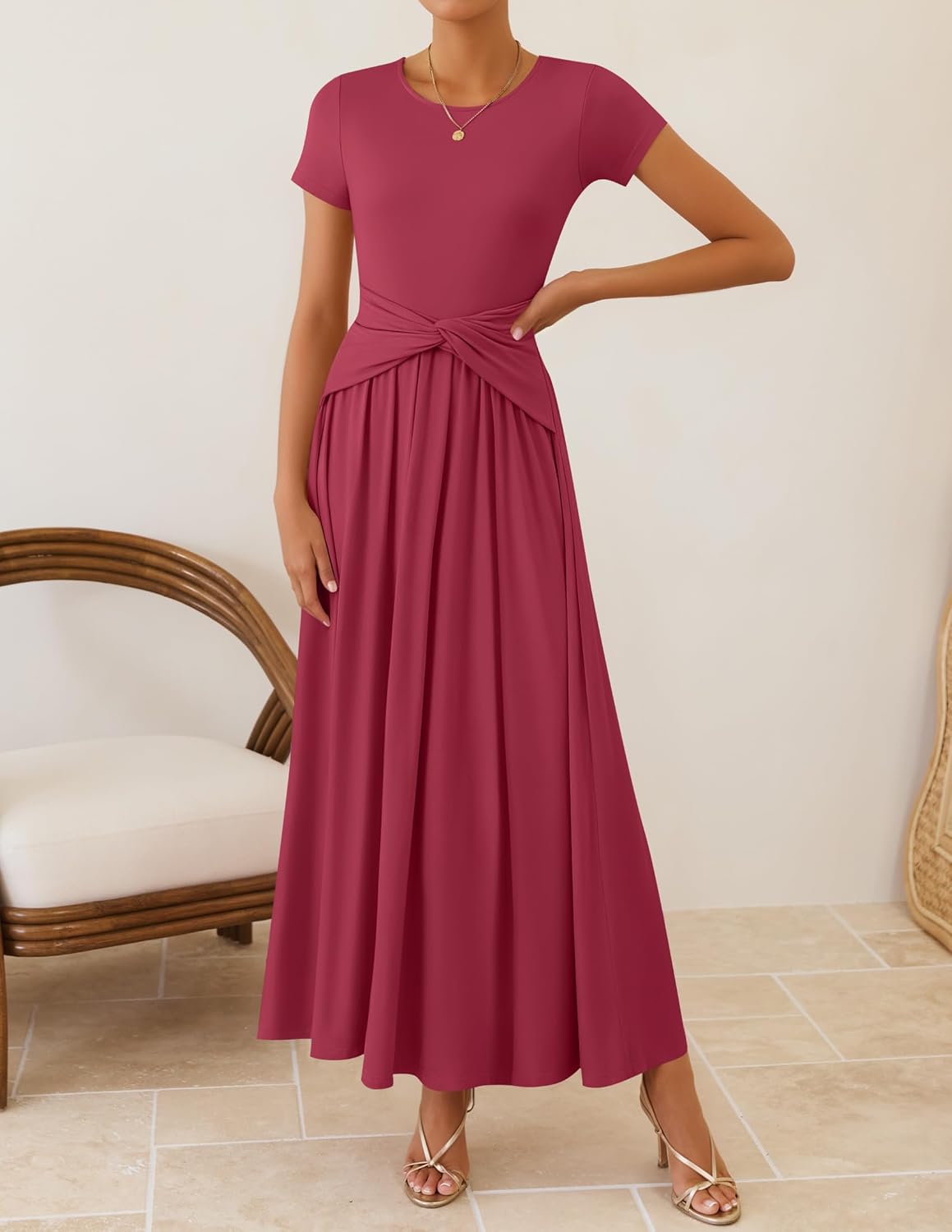 ZESICA Women's 2026 Summer Short Sleeve Maxi Dresses Twist Front Wedding Guest Cocktail Flowy A Line Long Dress - Image 2