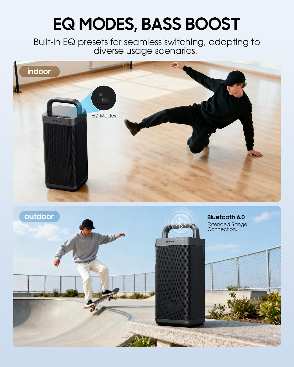 COMISO Portable Bluetooth Speaker with Deep Bass,150W Peak, IPX6 Waterproof Outdoor Speaker with 12H Playtime,Power Bank Function, Party Speaker with USB/AUX/Mic Inputs, Speakers for Home,Beach&Travel