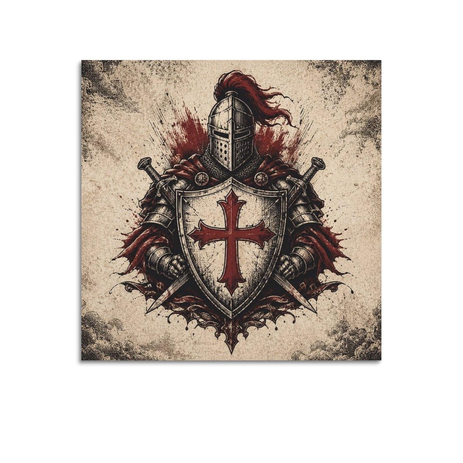 XKUGA Woodcut Poster Shield Medieval Knight Order Emblem Crest Modern Decorative Canvas Prints - Ideal Wall Art for Family, Man Cave, Game Room, Boys & Girls Bedroom 16x16inch(40x40cm)