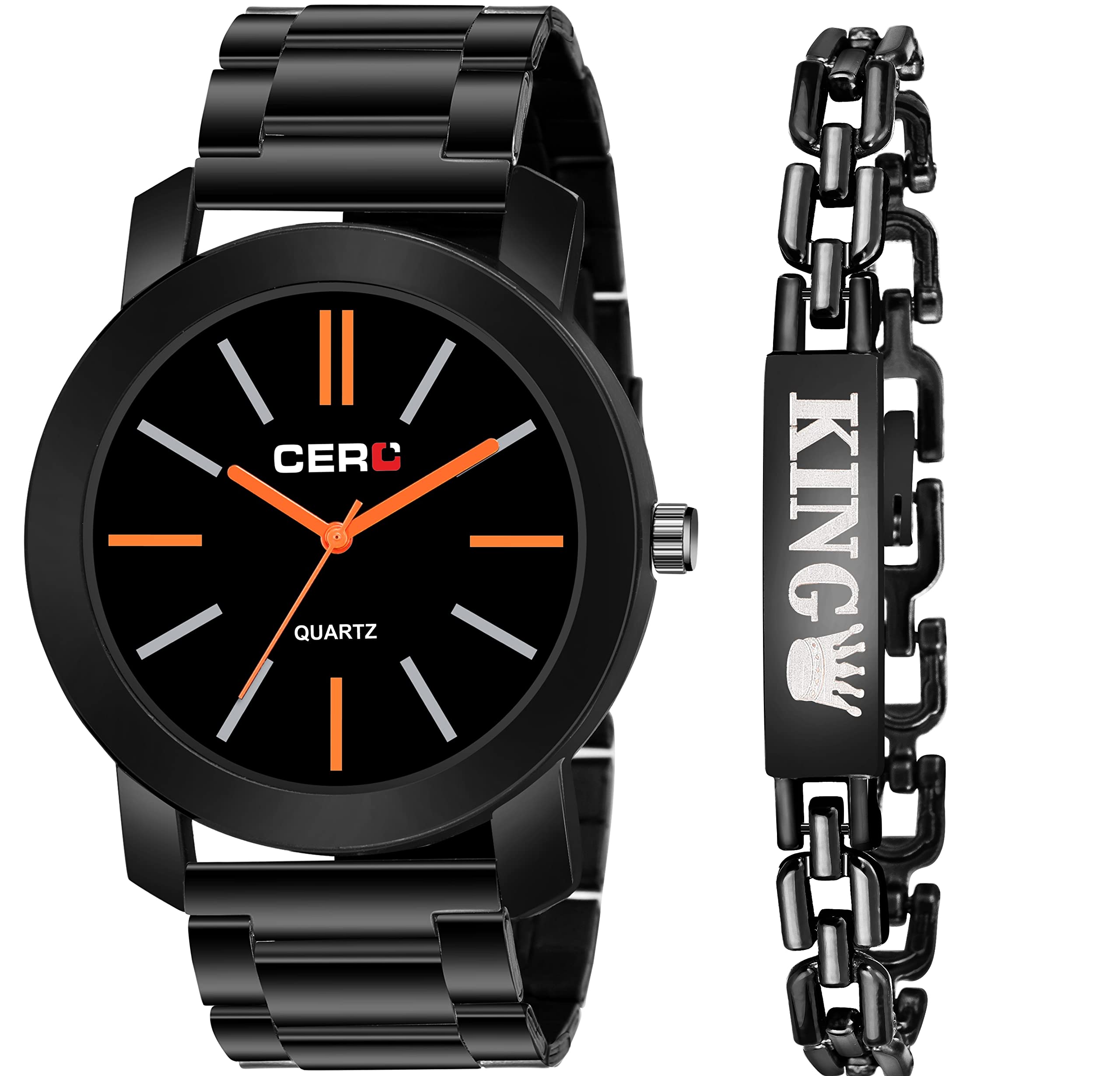 CERO Analogue Black Metal Strap Watch and King Bracelet Combo Mens and Boys Watch (Orange) (B0B3JDSGDW) Amazon Price History, Amazon Price Tracker