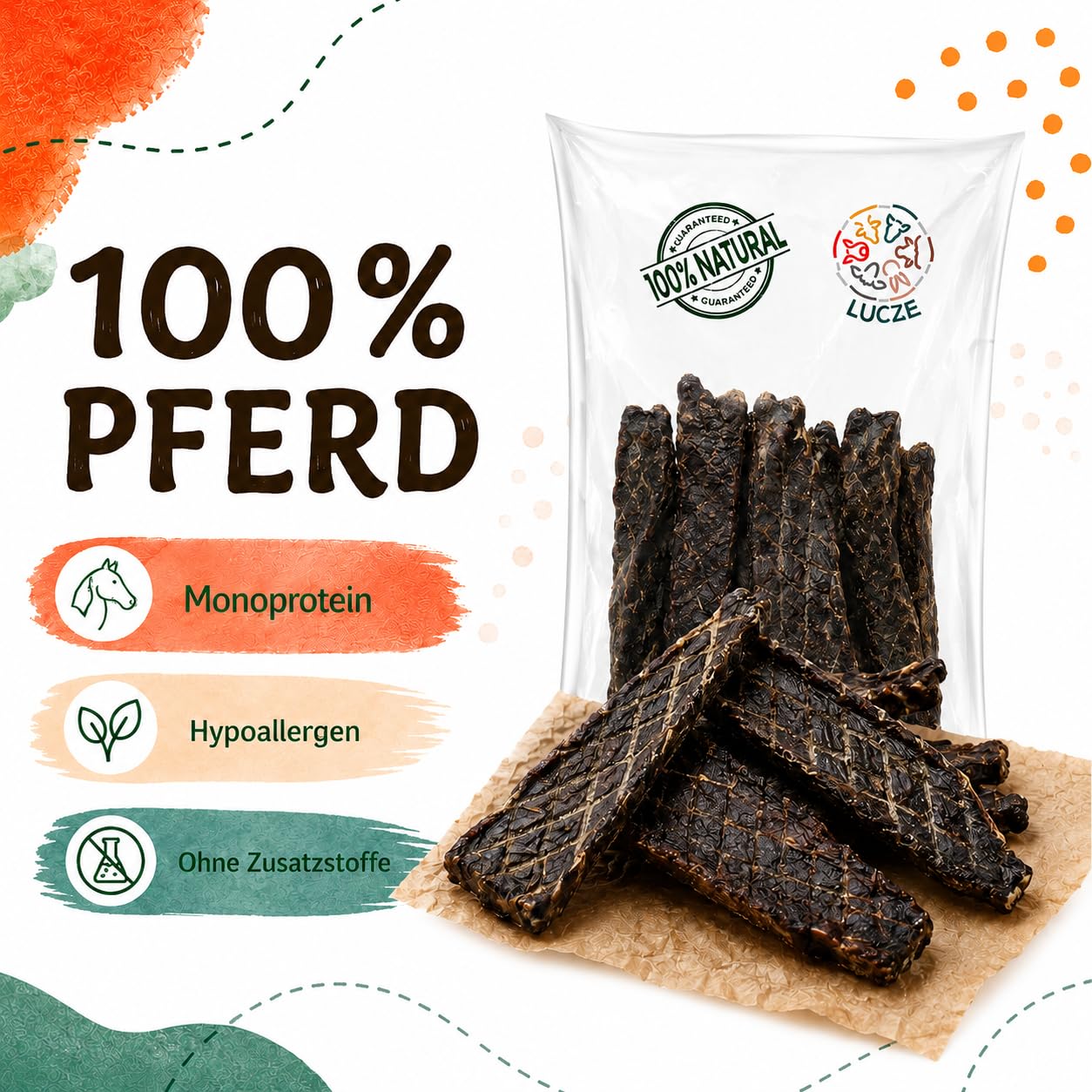 Hundesnack Pferdefleisch getrocknet, 100% natürliches Pferd Hundeleckerli Kauartikel, hypoallergene Belohnung & Trainingssnack für Hunde, Monoprotein, getreidefrei, ohne Zusatzstoffe (1kg)