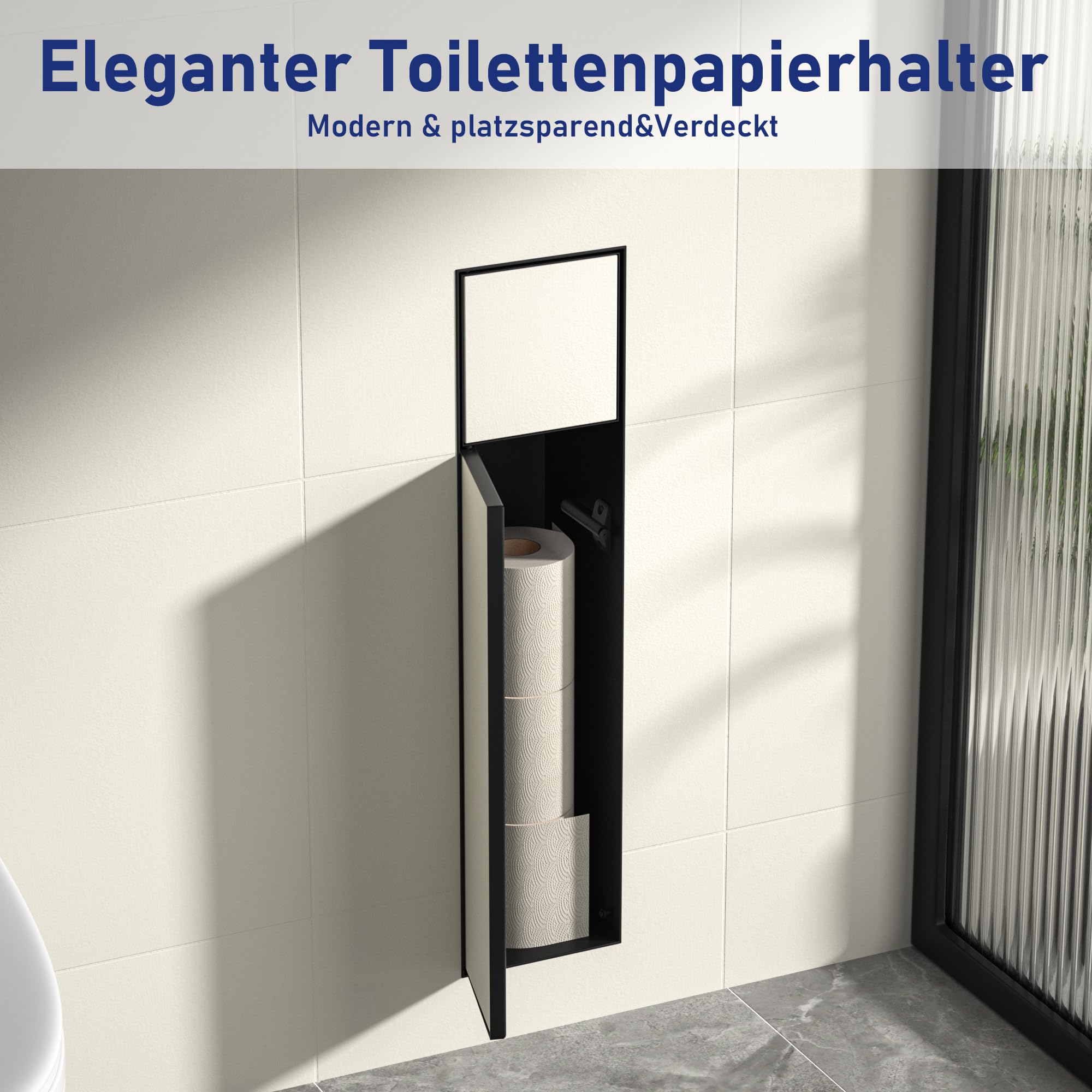 Edelstahl Unterputz Toilettenpapierhalter, Klopapierhalter mit Aufbewahrung Bietet Platz für Neue Rollen/Klobürstengarnitur, WC Papier Halterung für Toilette, 63×15×15cm, Schwarz