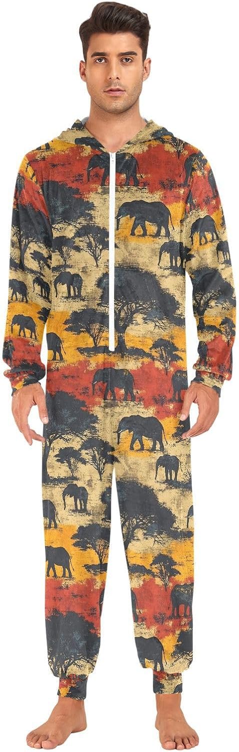 Elephant Savanna Forest Adult Onesie Pajamas Novelty One Piece Costume Sleepwear Jumpsuits Matching PJS