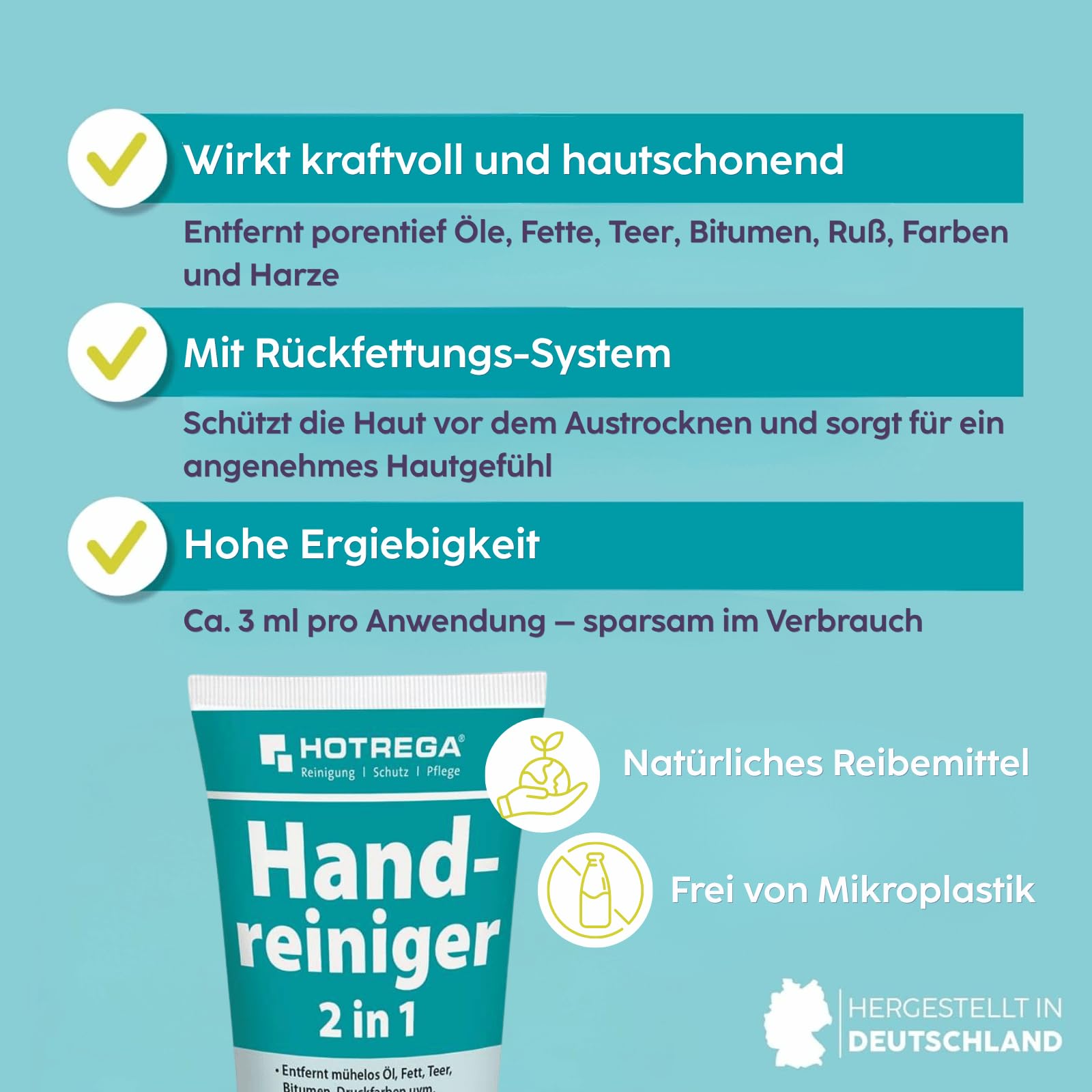HOTREGA Handreiniger 2in1 4x 250ml | Profi Handwaschpaste mit Rückfettung | Hautschonend gegen Öl & Fett | Natürliches Reibemittel aus Maismehl | pH-hautneutral & ohne Mikroplastik | 1000ml Vorrat