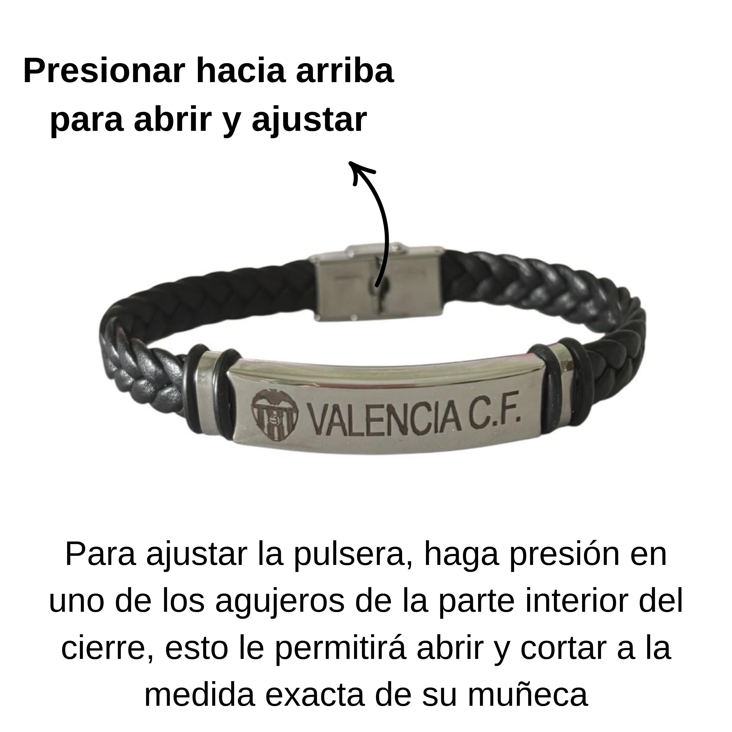 Genérico Pulsera ajustable en acero y cuero - Escudo VALENCIA C.F. - Presentada en caja para regalo - Regalo para hombre o mujer