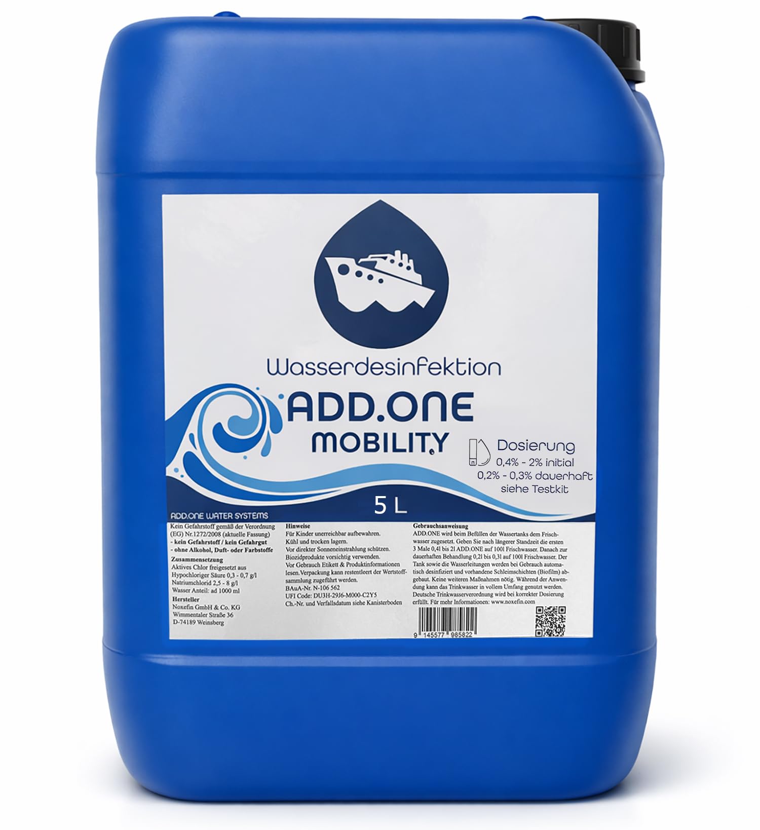 ADD.ONE Bidón desinfectante de agua potable de 5 litros para 1500 litros de agua para caravanas, camping, exteriores, animales y barcos