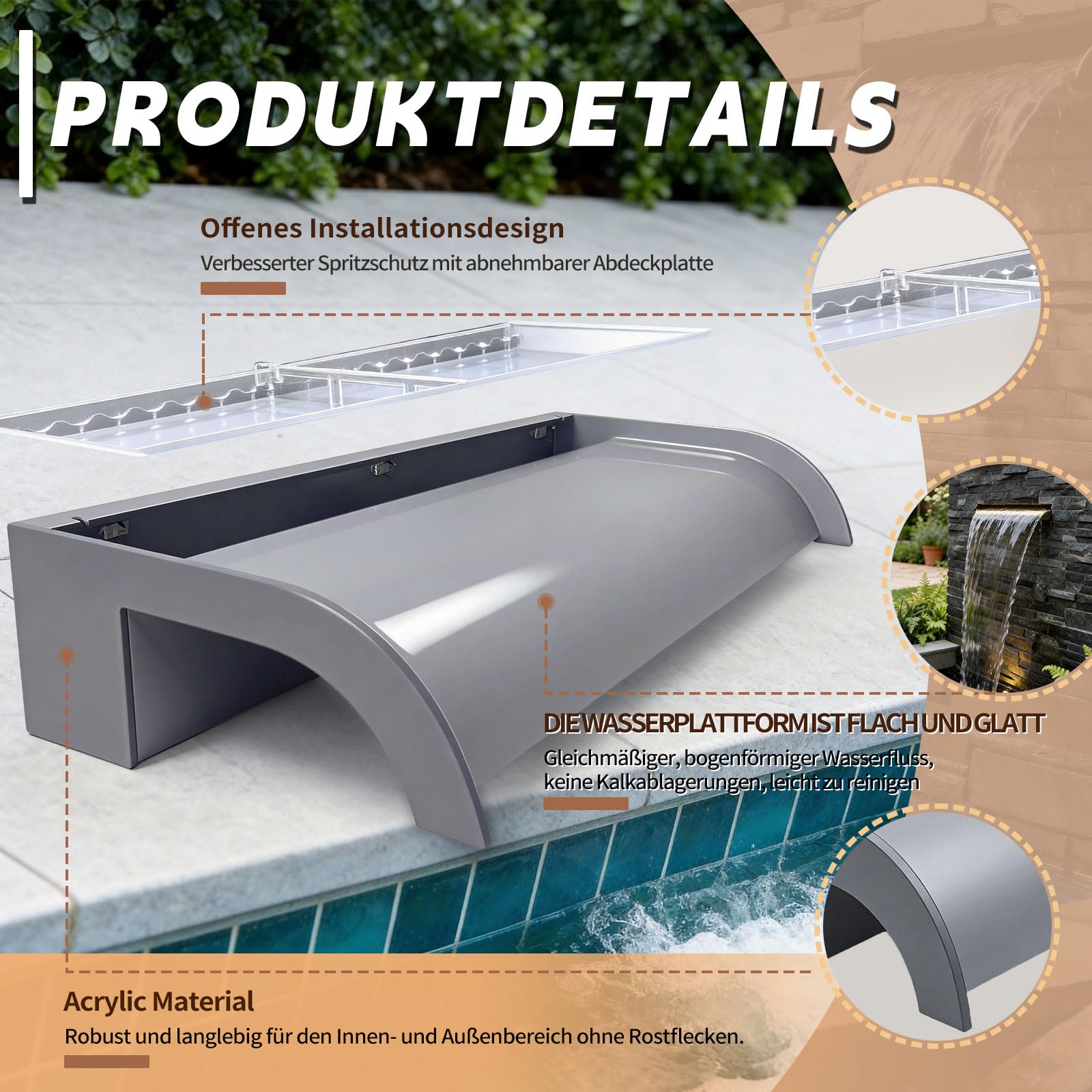 Fontana per piscina con copertura, troppopieno a cascata per laghetti coetanei – 60 cm in acrilico trasparente per piscine, laghetti da giardino, terrazze e come decorazione per aree benessere