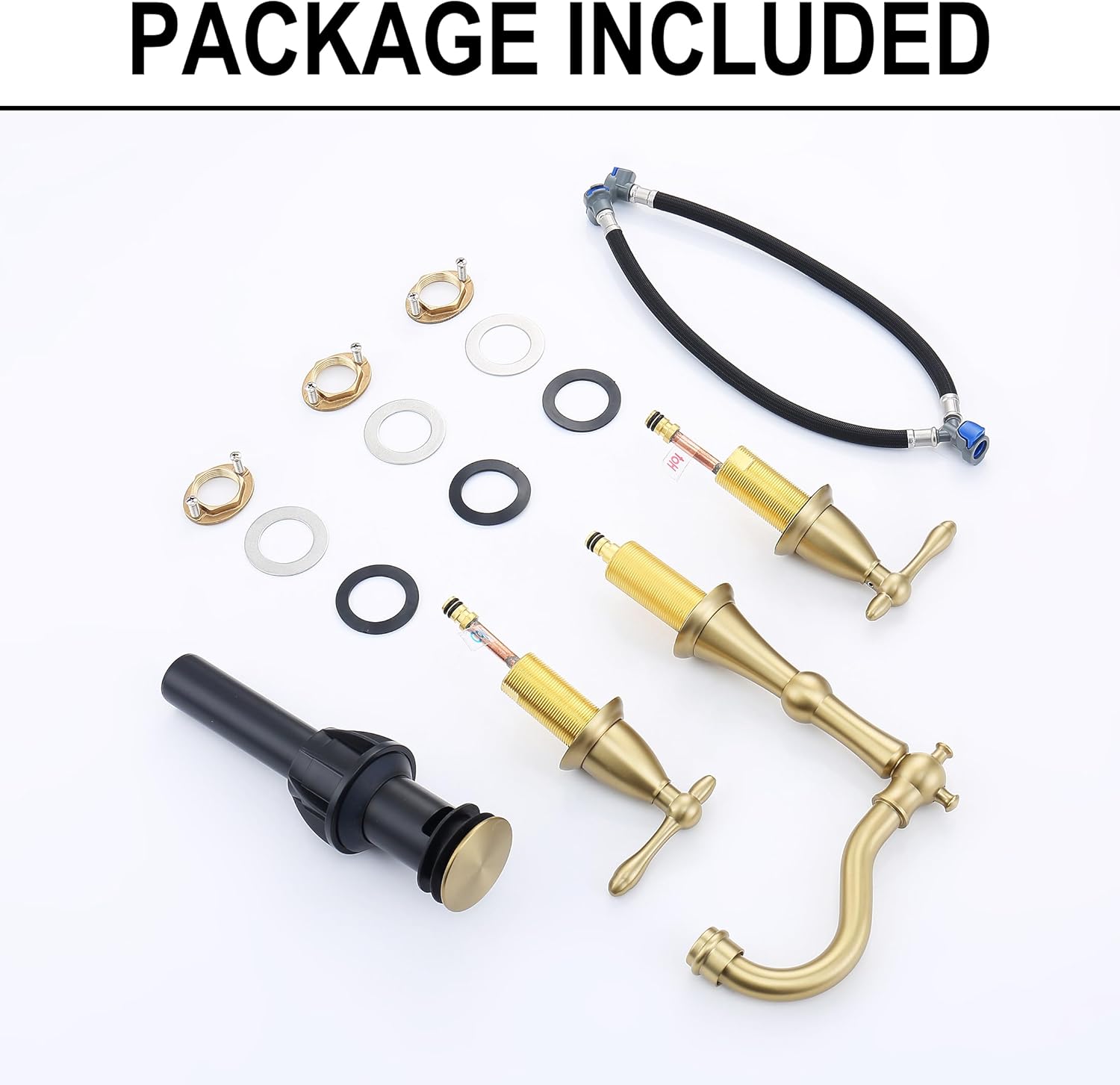 Antique Brushed Gold Bathroom Faucet 3 Hole, Widespread Bathroom Sink Faucet with Pop Up Drain and cUPC Supply Hose, Modern 2 Handle Vanity Faucet Gold JXM3073BG