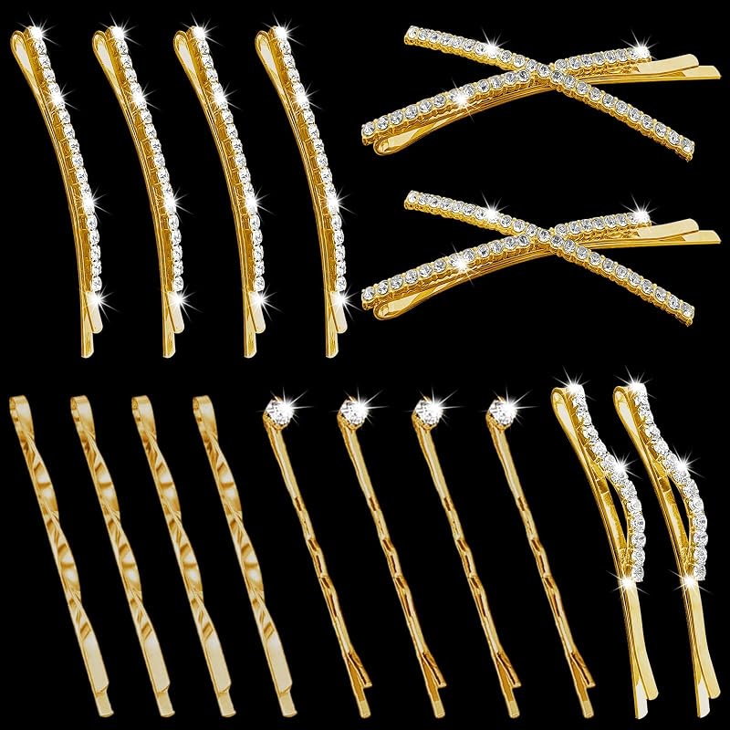16 Pieces Gold Rhinestone Bobby Pins Set Delicate Decorative Fancy Crystal Hair Clips Shiny Fancy Metal Barrettes, I S X Shaped Diamond Hair Accessories for Women Ladies Girls Wedding Prom Party