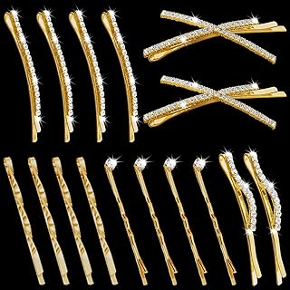 16 Pieces Gold Rhinestone Bobby Pins Set Delicate Decorative Fancy Crystal Hair Clips Shiny Fancy Metal Barrettes, I S X Shaped Diamond Hair Accessories for Women Ladies Girls Wedding Prom Party