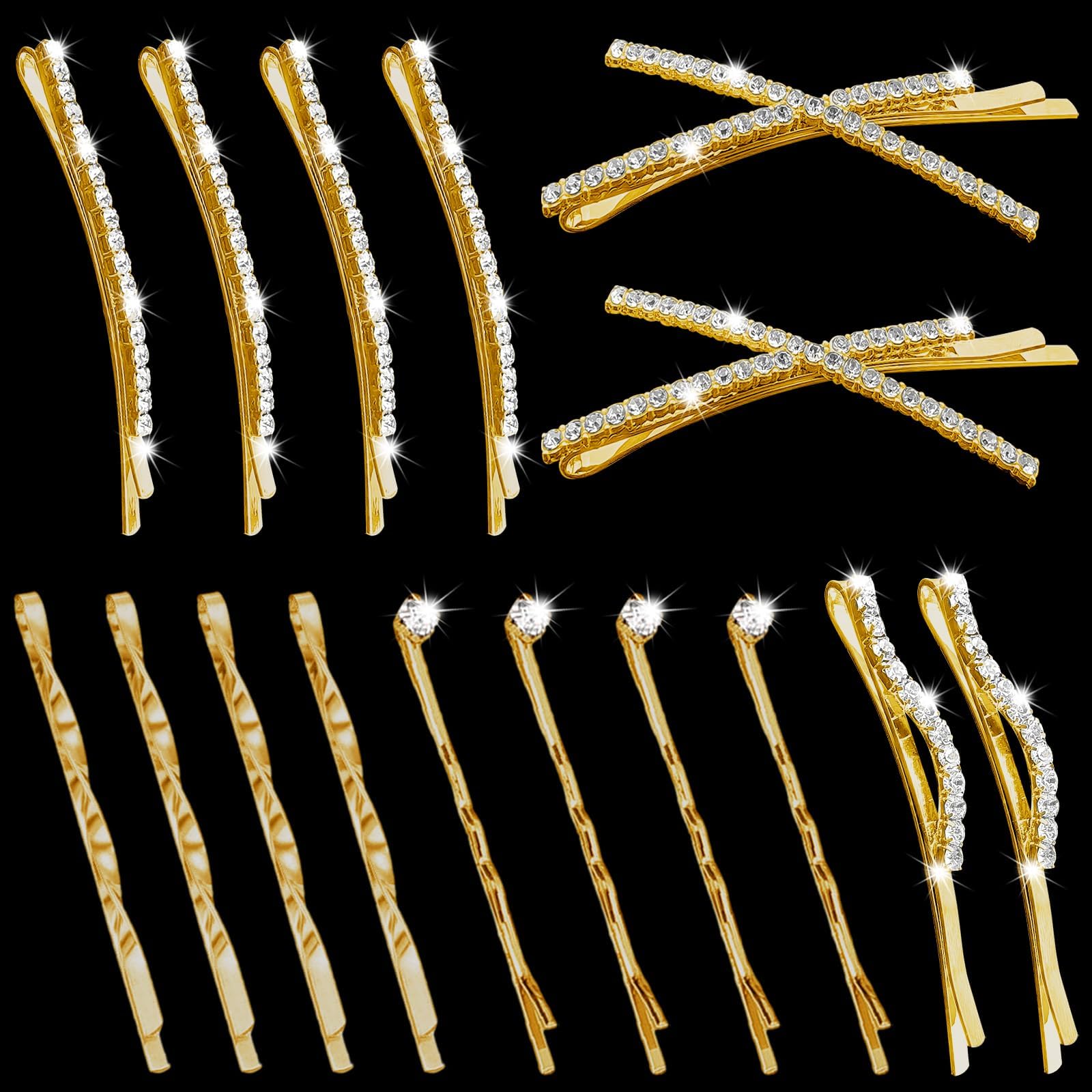 Photo 1 of 16 Pieces Gold Rhinestone Bobby Pins Set Delicate Decorative Fancy Crystal Hair Clips Shiny Fancy Metal Barrettes, I S X Shaped Diamond Hair Accessories for Women Ladies Girls Wedding Prom Party