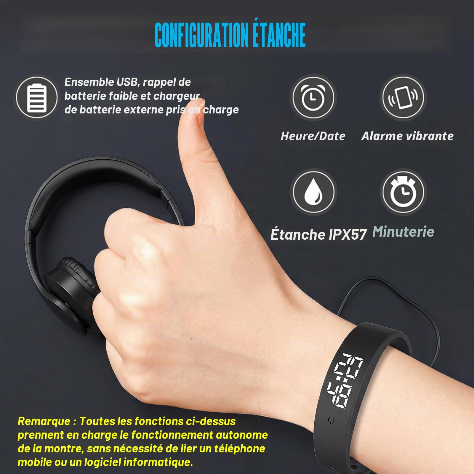 Bracelet Reveil Vibrant, 2026 Nouveau Bracelet Reveil, Réveil Silencieux, Jusqu'à 10 Alarmes Personnelles, Montre de Réveil avec Vibration Douce pour Enfants et Adultes
