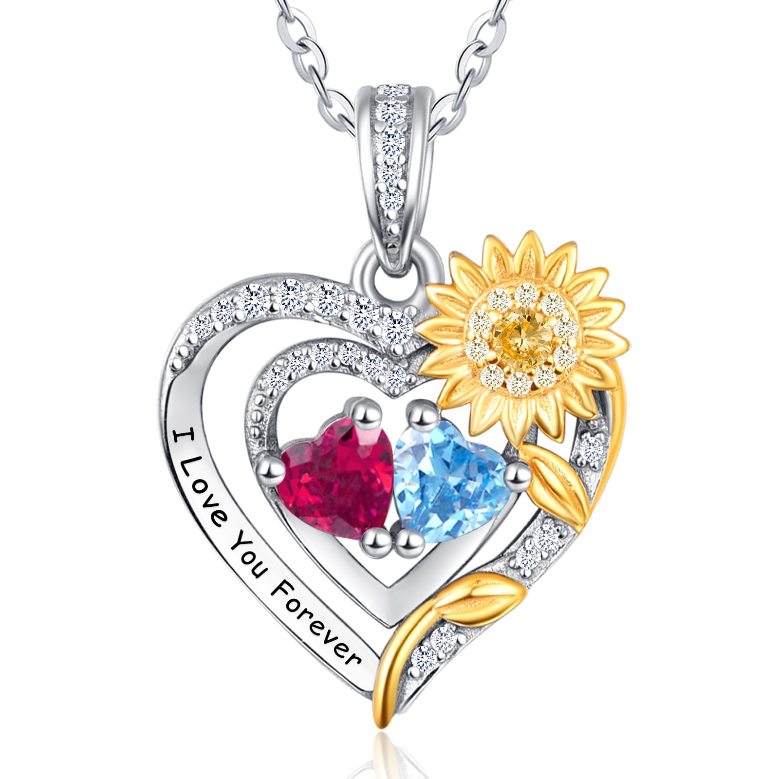Zeuslia Birthstones Necklaces for Women, 925 Sterling Silver Heart Pendant with Sunflower/Rose/Daisy/Tree of Life/Angel Wings, Valentines Day Birthday