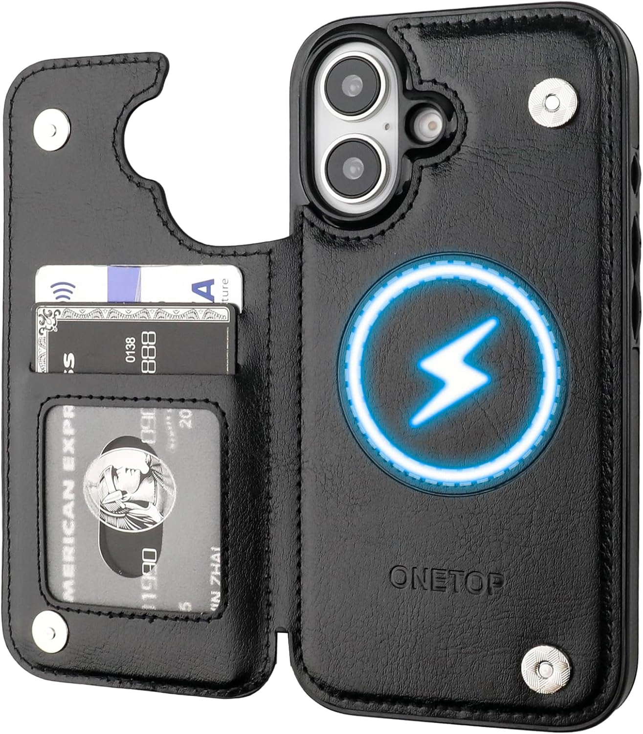 ONETOP Compatible with Magsafe for iPhone 16 Wallet Case with Card Holder, PU Leather Kickstand RFID Blocking Case, Double Magnetic Clasp and Durable Shockproof Cover 6.1 Inch (Black)