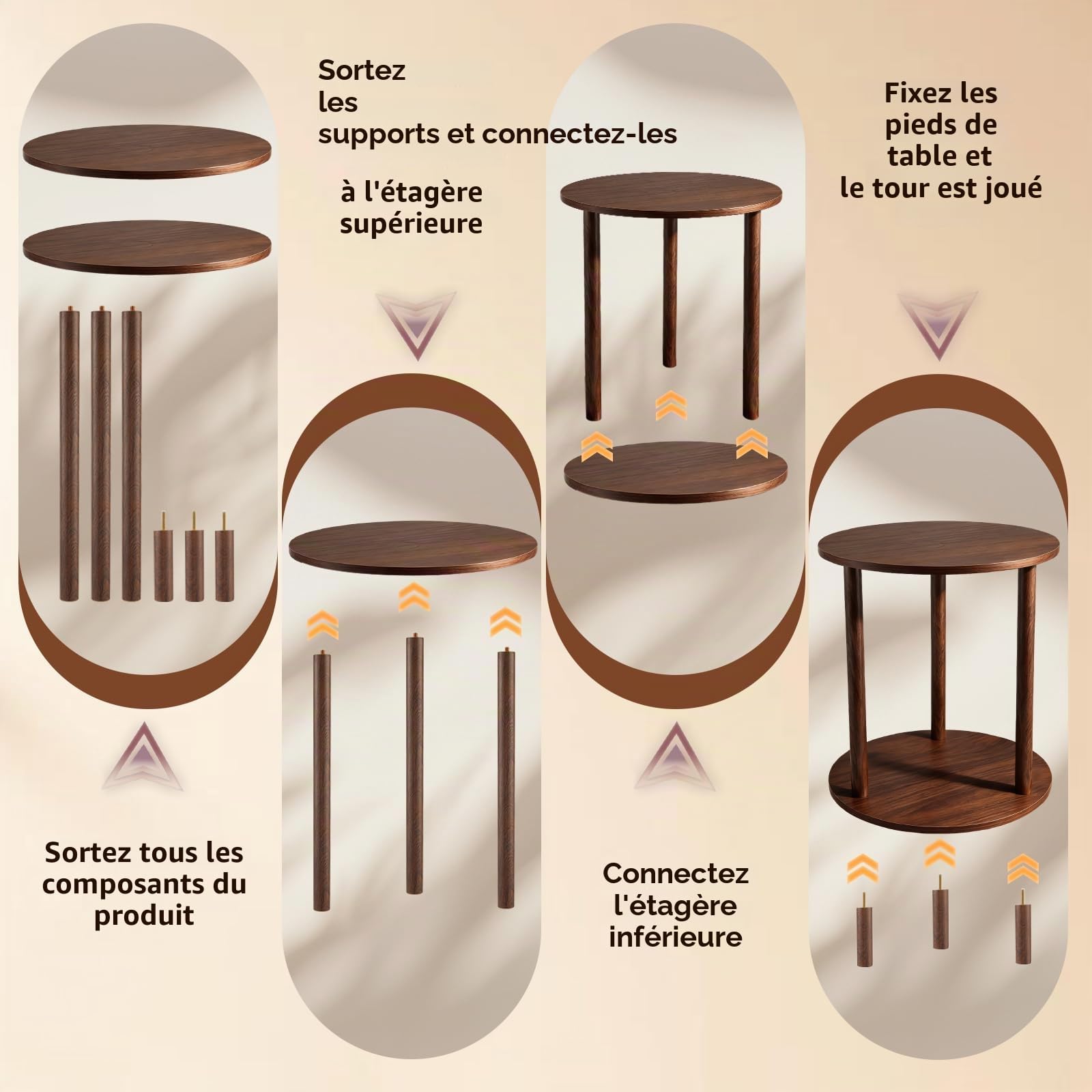Table d'appoint ronde en bambou, diamètre 40 cm, hauteur 53 cm, noyer foncé, double couche, moderne, pour salon, chambre, couloir