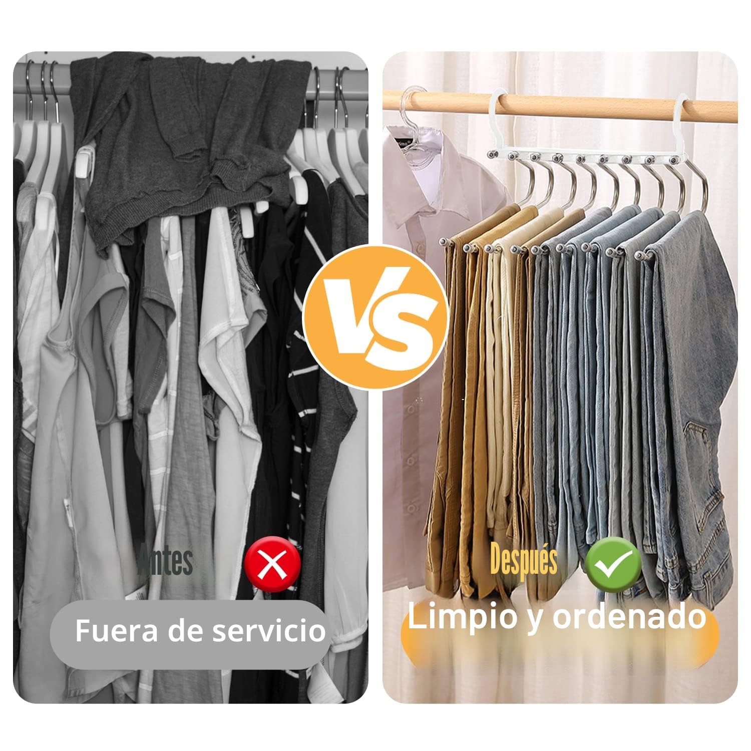 Ronronner Perchas Pantalones | Juego de 2 Perchas Ahorra Espacio con 9 Ganchos | Organizador de Armario para Pantalones, Faldas, Corbatas y Ropa | Percha Pantalón Plegable para Almacenamiento